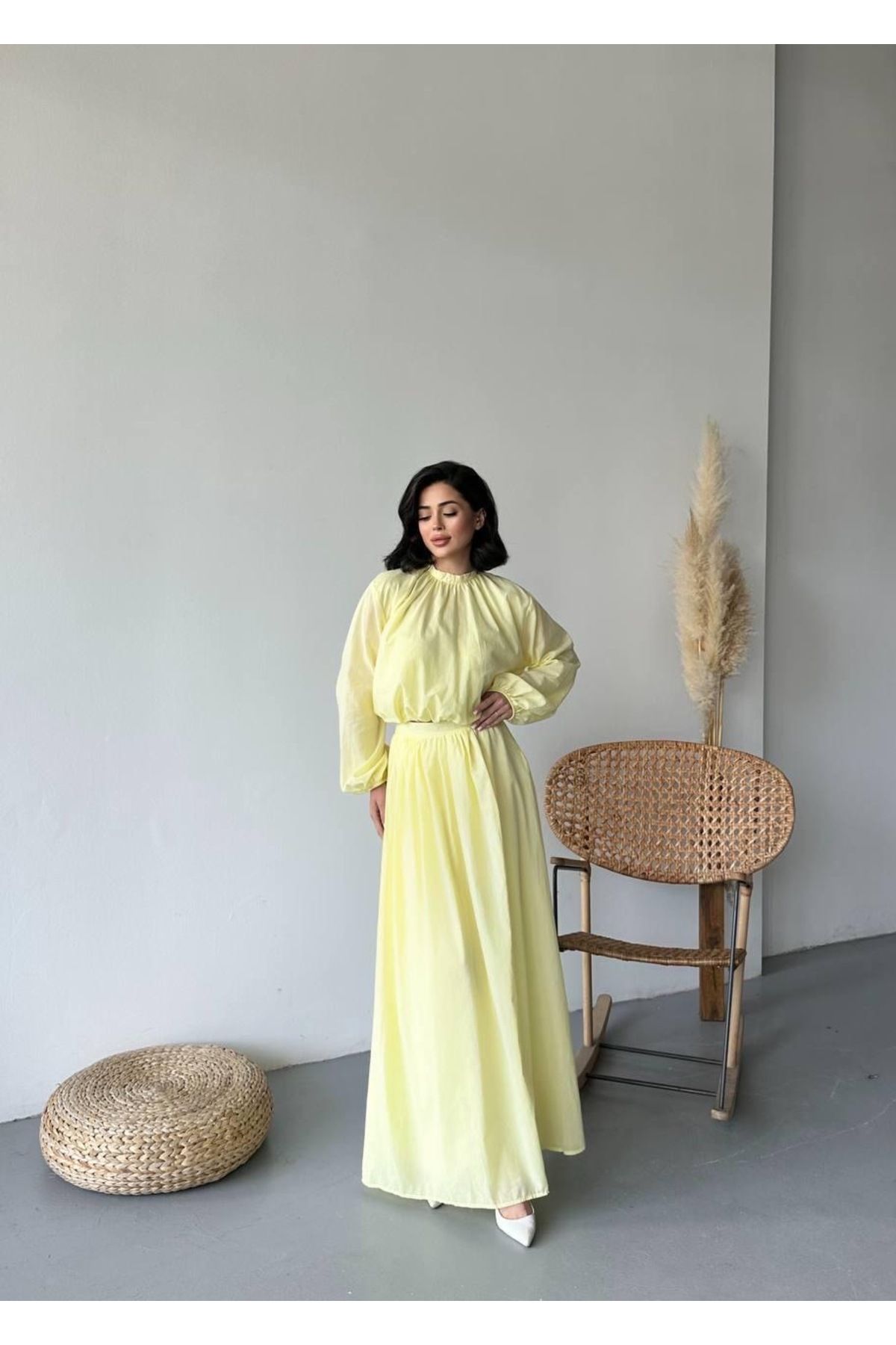 Ekim Store Büzgülü Bluz Etek İkili Blazer Takım