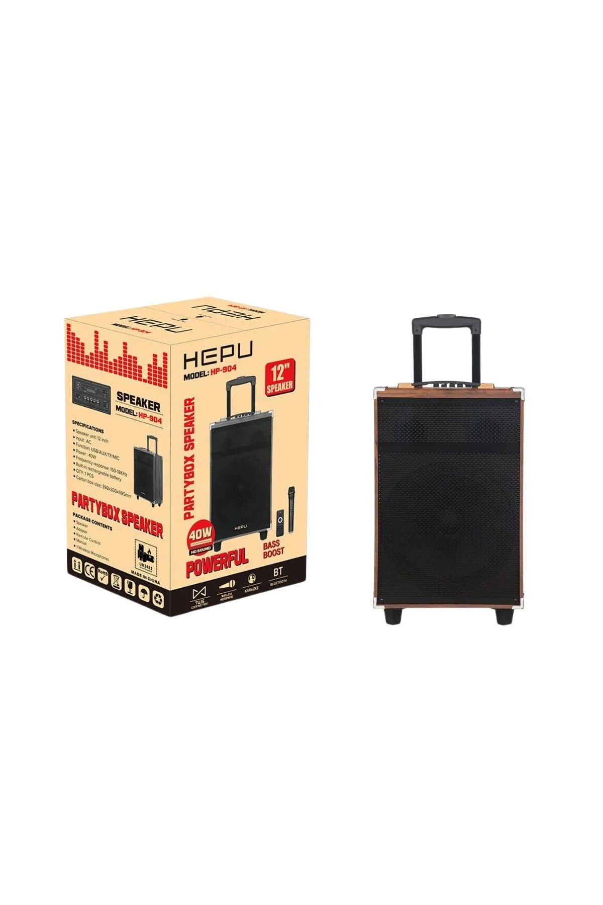 meltobe HP-904 Taşınabilir Ahşap Bluetooth Hoparlör 40 w rms 12 inc Woofer Kablosuz Karaoke Mikrofon