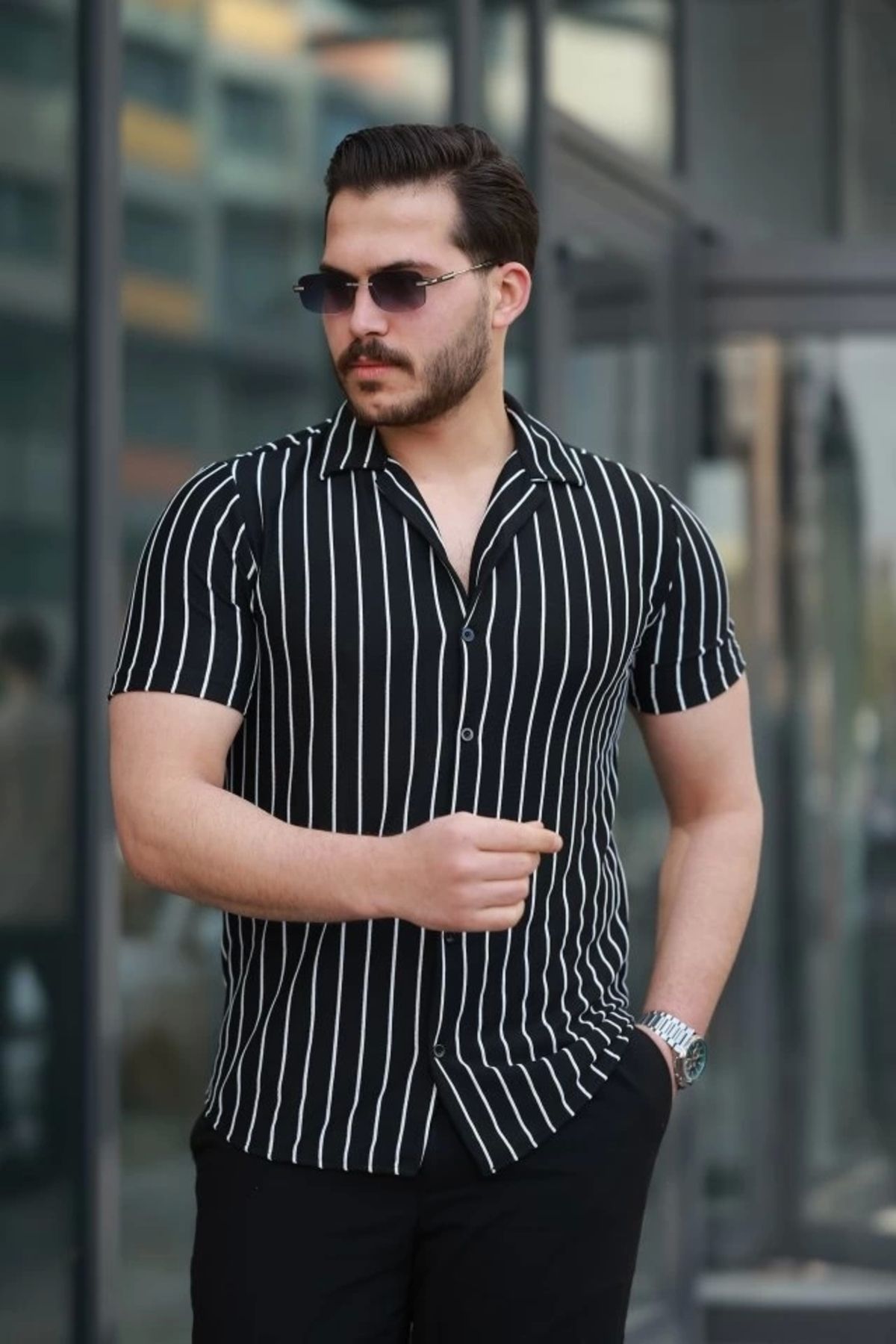 Butik Erkek Kısa Kollu Beyaz çizgi Desenli örme Kumaş Pamuklu Gömlek