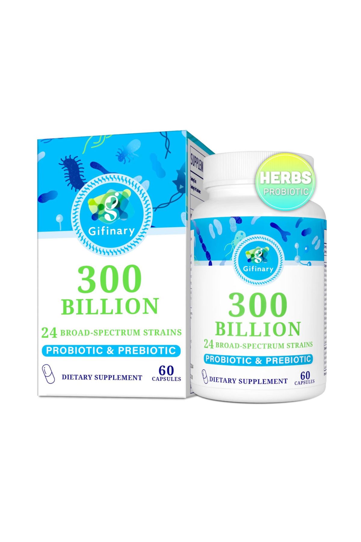 Gifinary , Probiotics For Women And Men, 300 Billion Cfu, 24 Strains Probiotics 60 Capsules