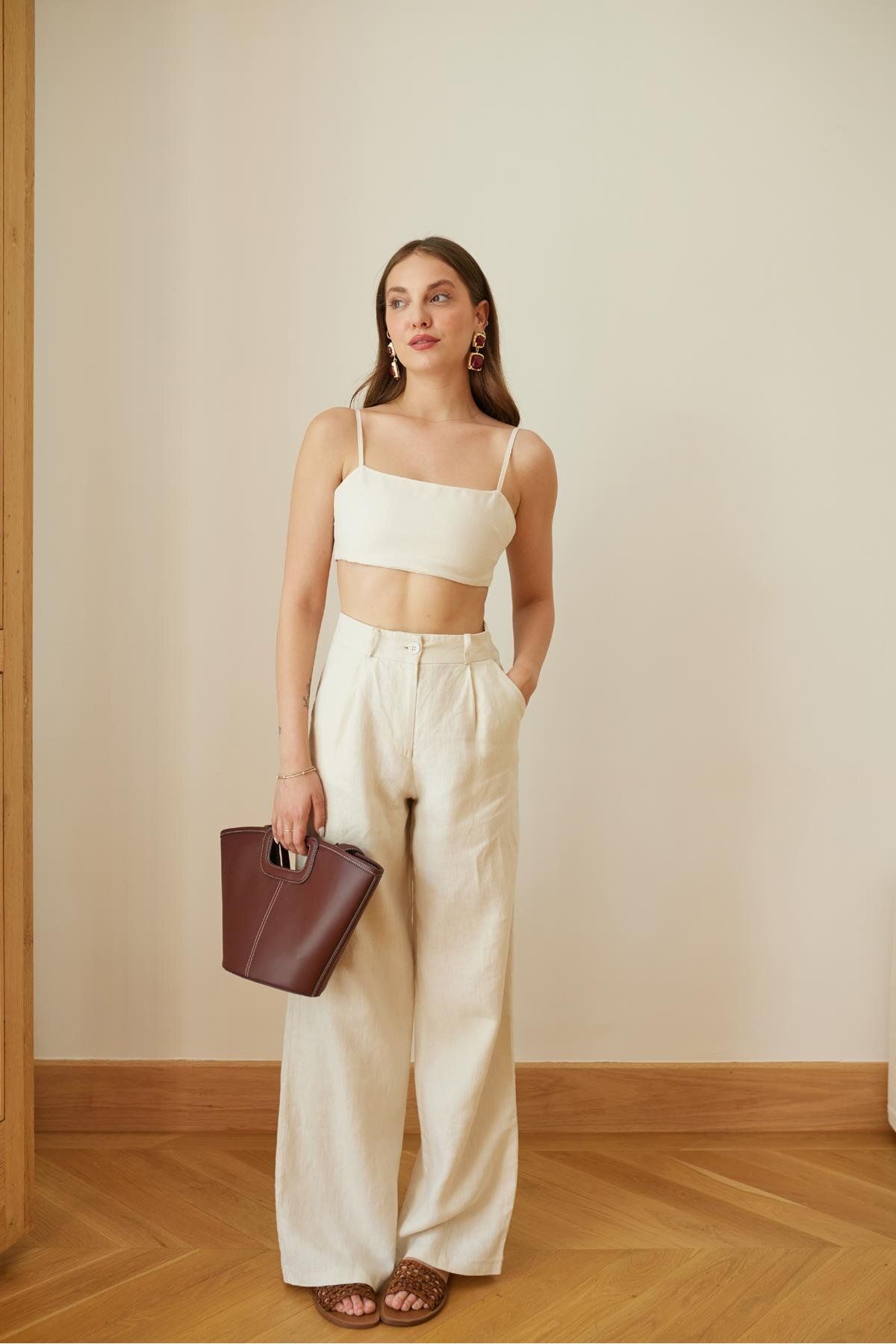 Askı Tekstil Taş İnce Askılı Arkadan Lastikli Keten Crop Ve Pantolon Takım