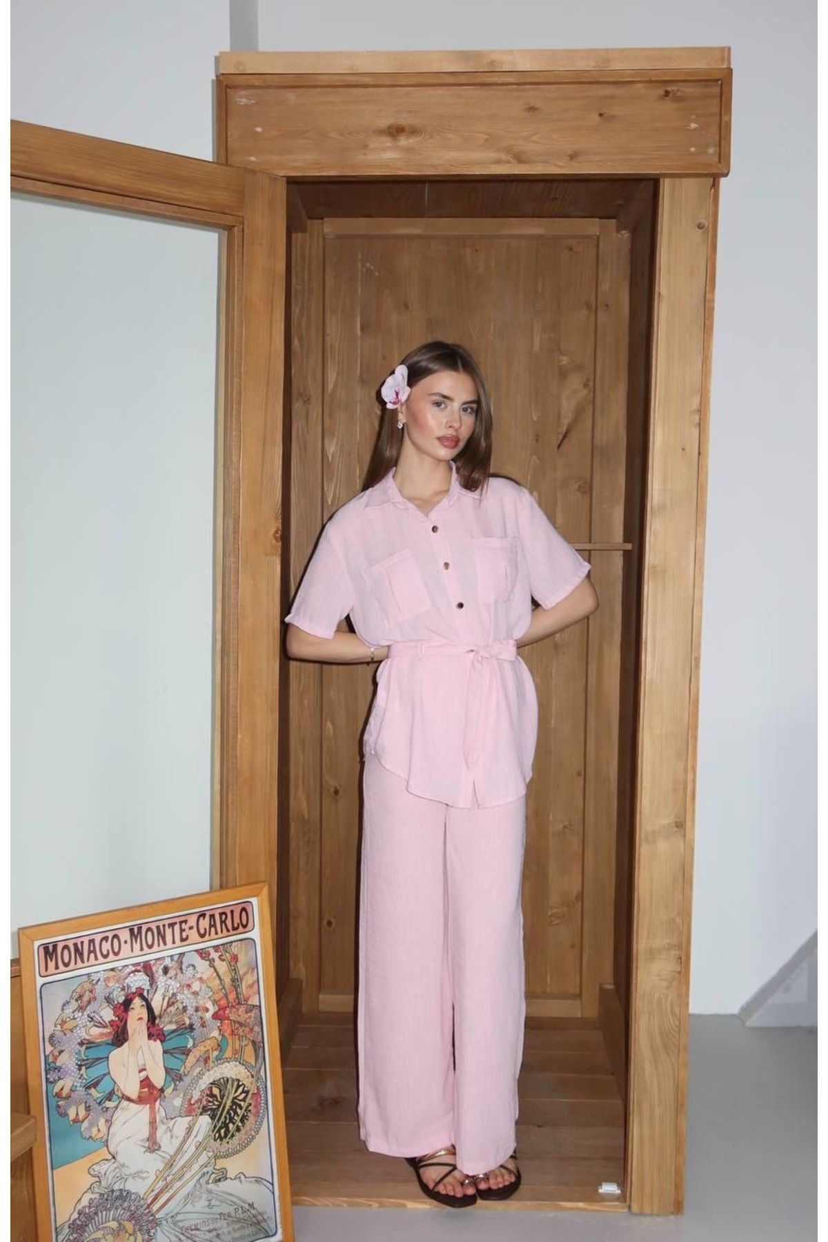 Ekim Store Keten Beli Büzgülü Gömlek Pantolon Takım