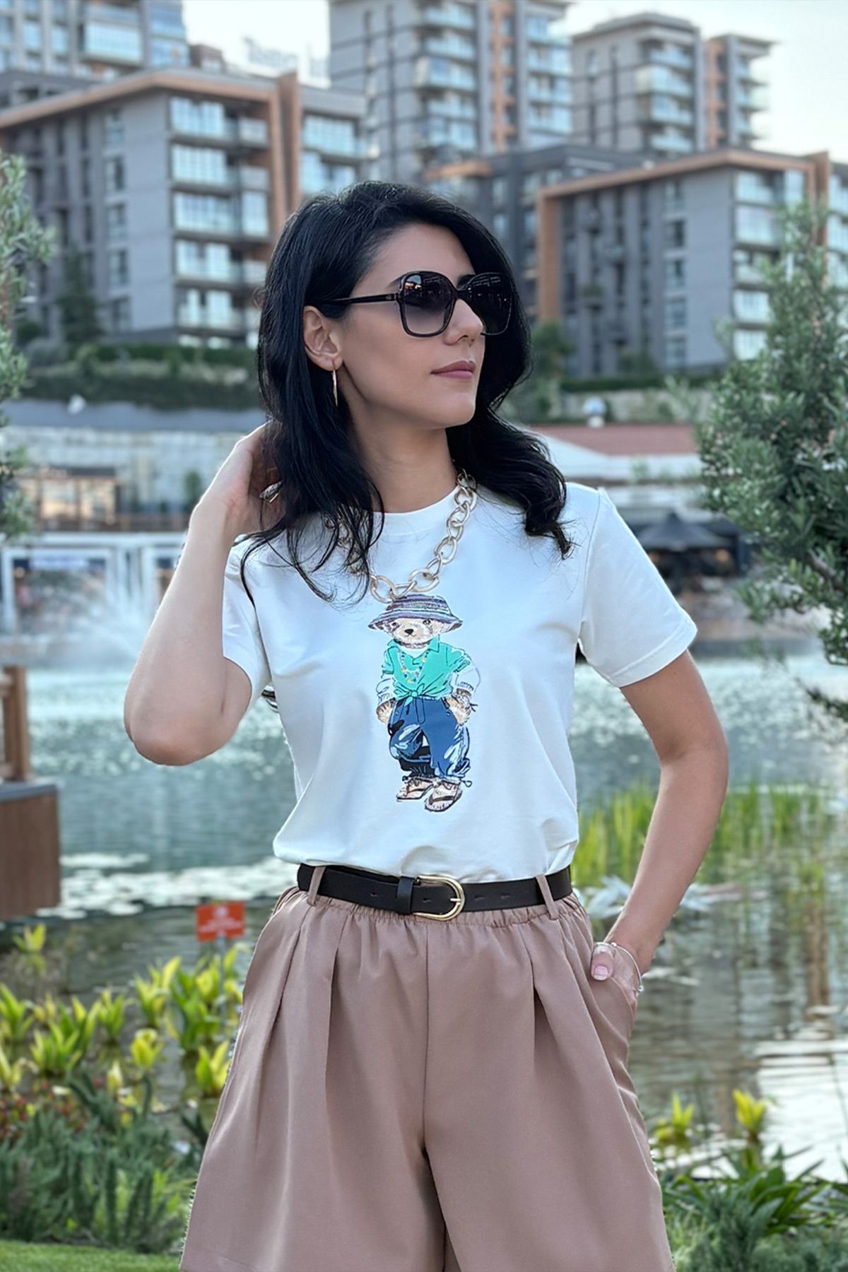 NN SISTER Ayıcık Baskılı Beyaz T-Shirt