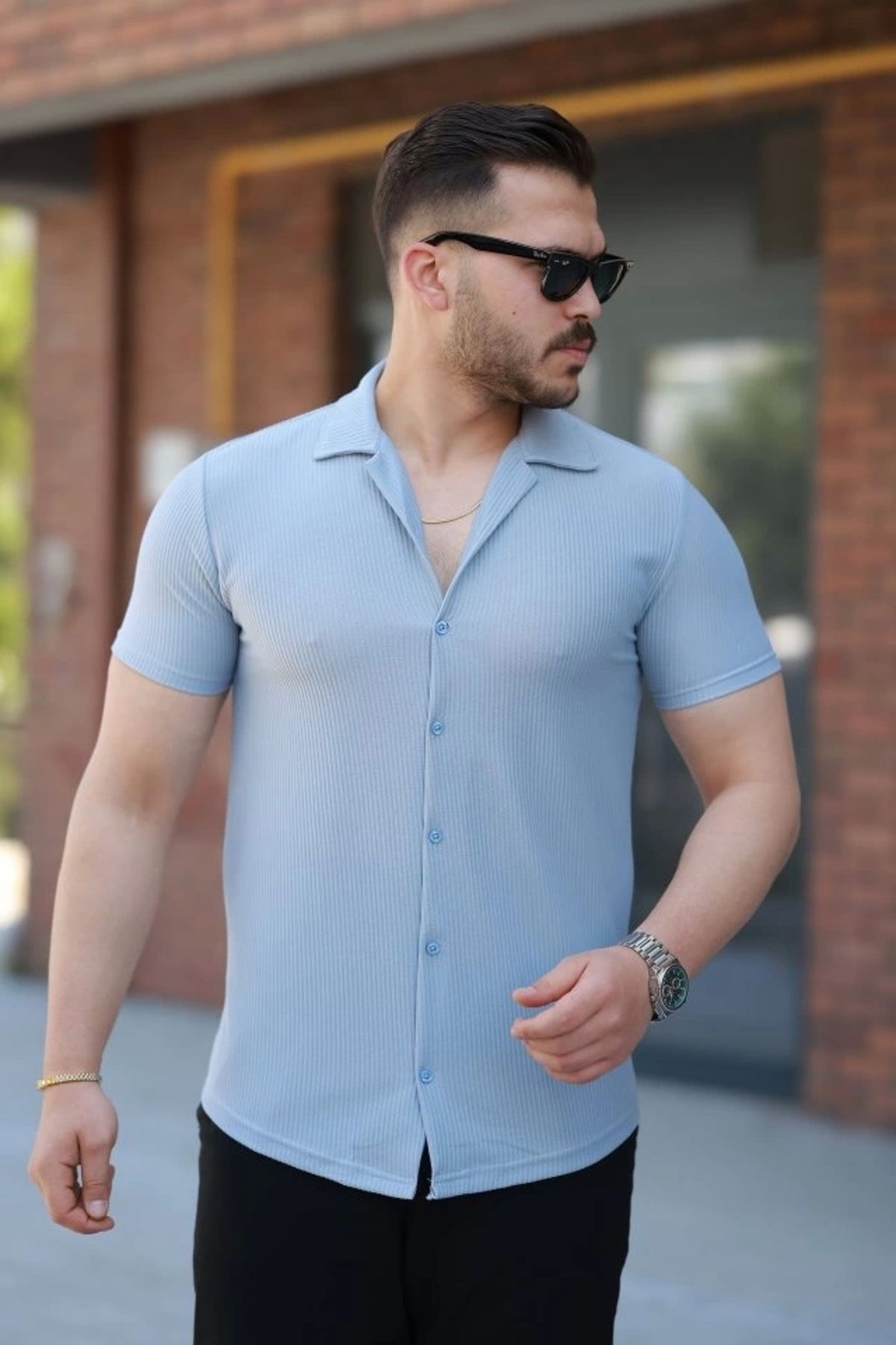 Butik Erkek Ottoman Kumaş Apaj Yaka Kısa Kollu Gömlek