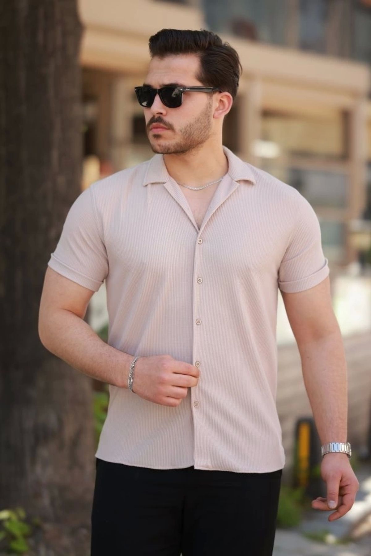 Butik Erkek Ottoman Kumaş Apaj Yaka Kısa Kollu Gömlek