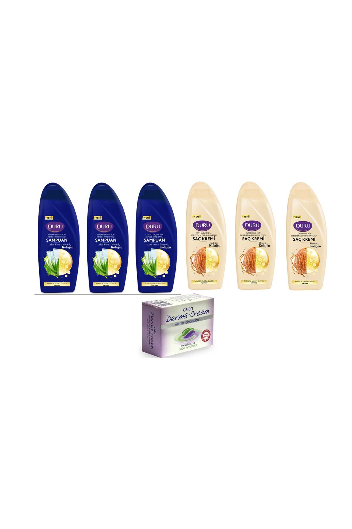 Duru Şampuan Kolajen Aleovera Mentol 500 Ml 3 ad + Duru Saç Kremi 3 ad + Dalan Sabun 100 gr