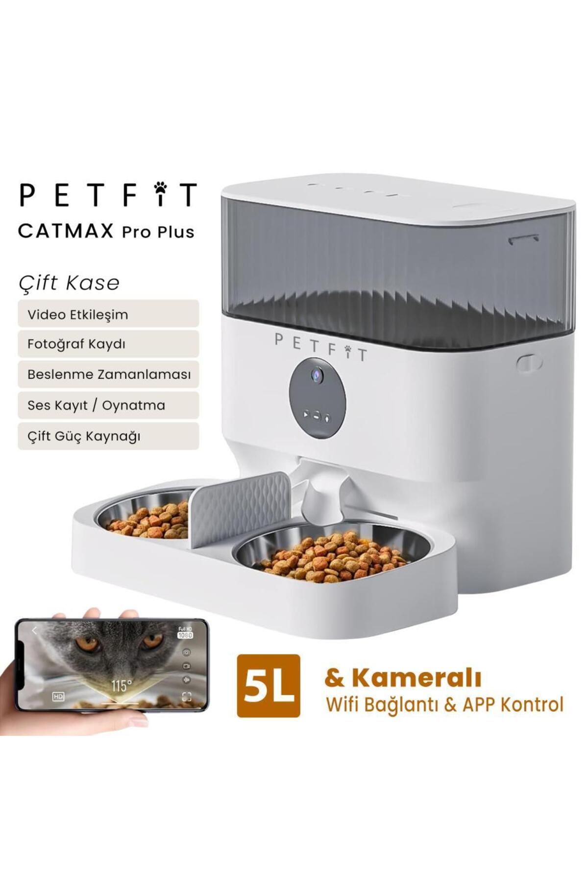 Petfit CatMax Pro Plus 5L Wi-Fi Kameralı Çift Kase Akıllı Otomatik Kedi Köpek Mama Kabı Besleme Ünit