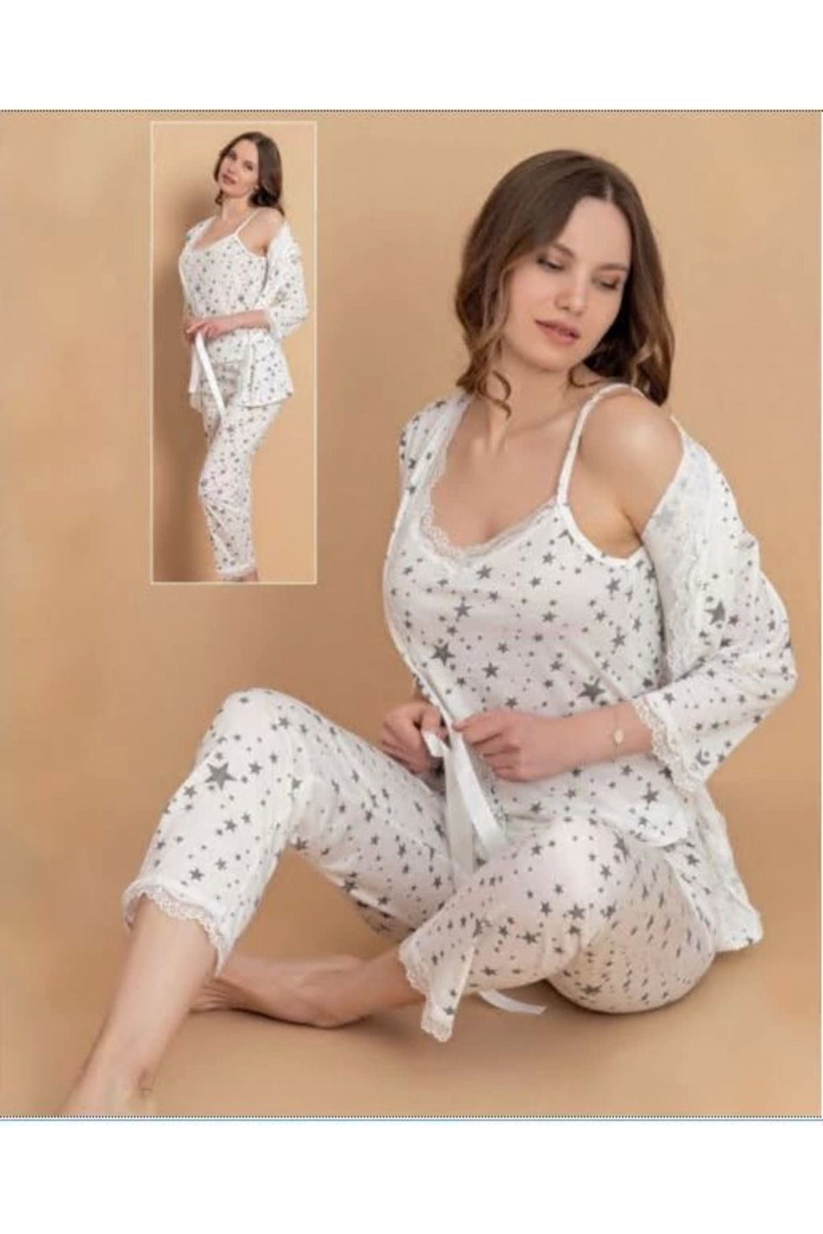 Modafiks Stil Moda 7047 Kadın Askılı Sabahlıklı Pijama Takımı - Ekru - XL
