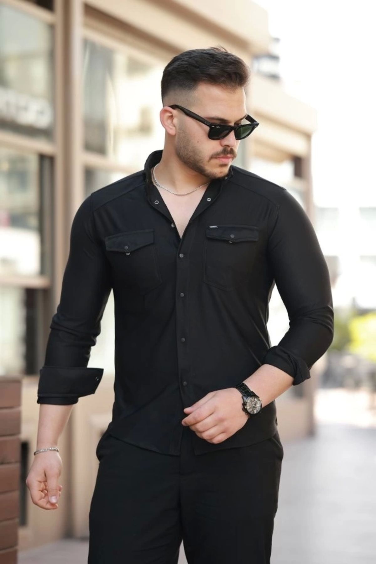 Butik Erkek çift Cepli çıtçıt Düğmeli Uzun Kollu Gömlek