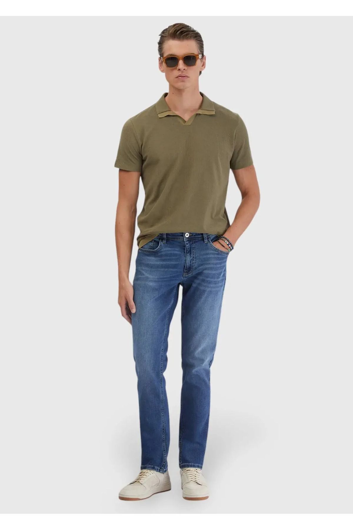 Ramsey İndigo Düz Slim Fit Denim Pamuk Karışımlı Pantolon