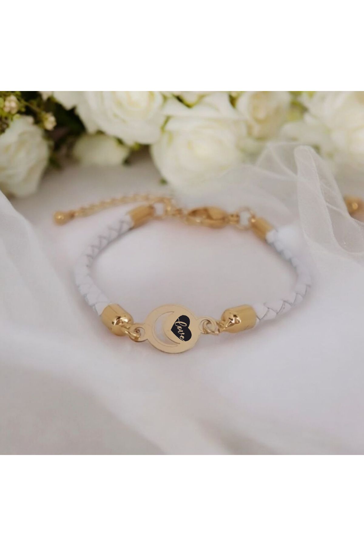 ARCHINO GOLD Aşk Temalı Ay Motifli Doğal Derili 14 Ayar Altın Plakalı Hediye Bileklik-477sembol-beyaz