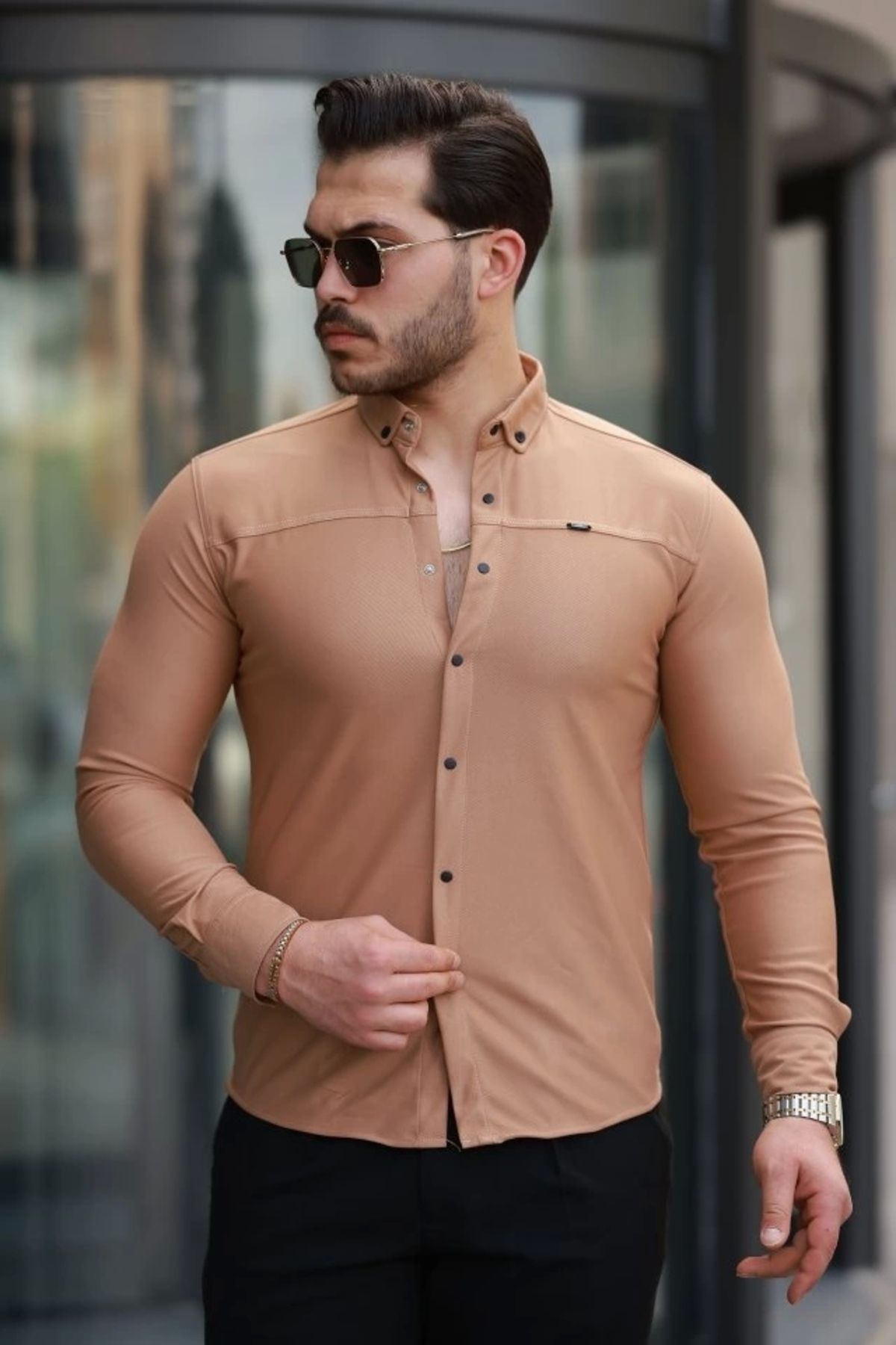 Butik Erkek çıtçıt Düğmeli Dikiş Detaylı Uzun Kollu Gömlek