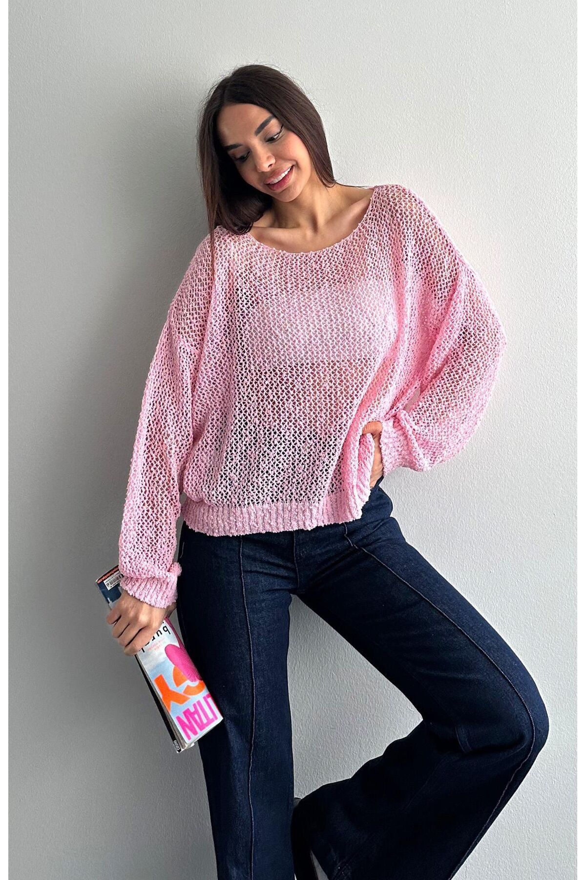 yeditepe fashion Böcek Örgü Transparan Triko Kazak Pembe