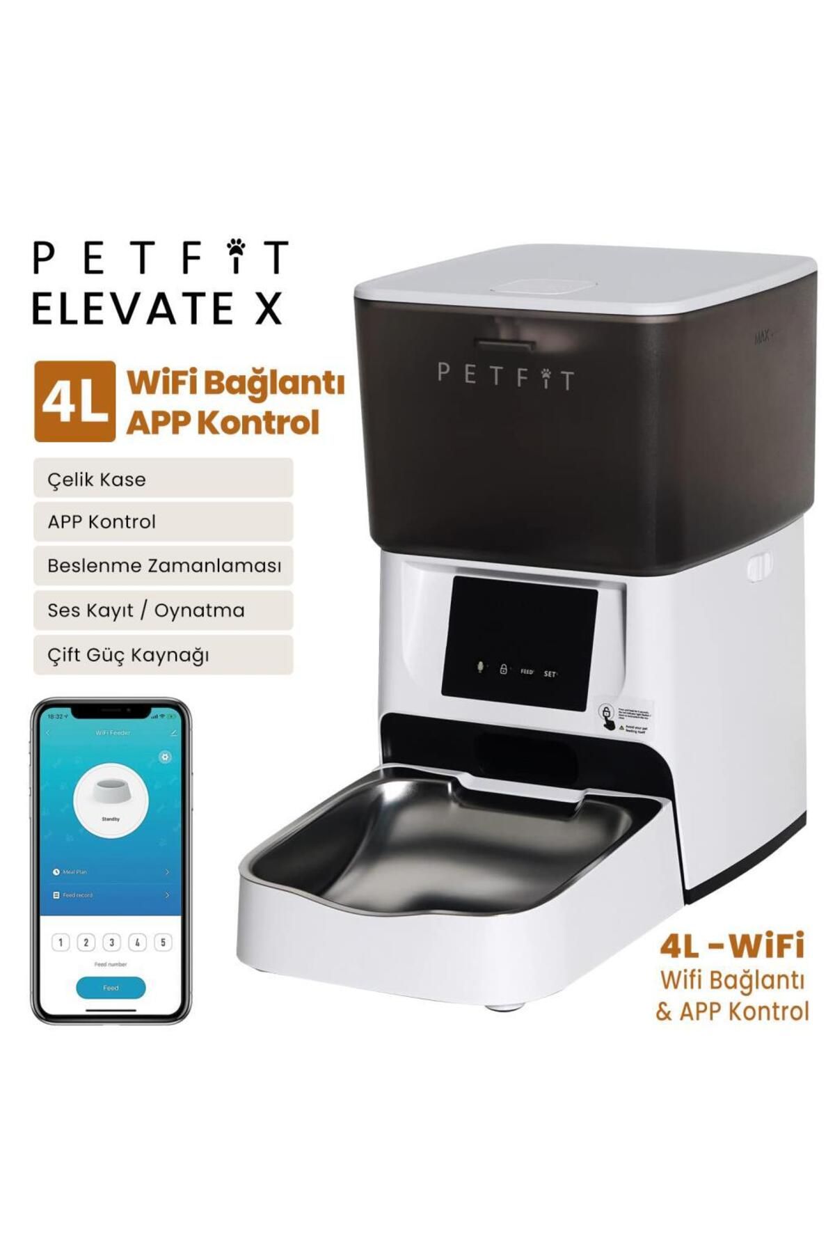 Petfit Elevate X 4L Wi-Fi Akıllı Otomatik Kedi Köpek Mama Kabı Besleme Ünitesi (Sesli Komut+Çelik Ka