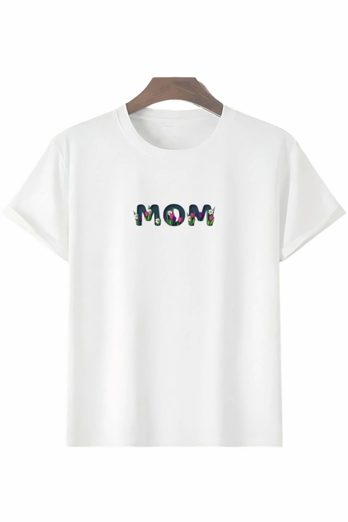 Butik Anneler Gününe Özel Tasarım Mom Çiçek Baskılı T-shirt - Beyaz