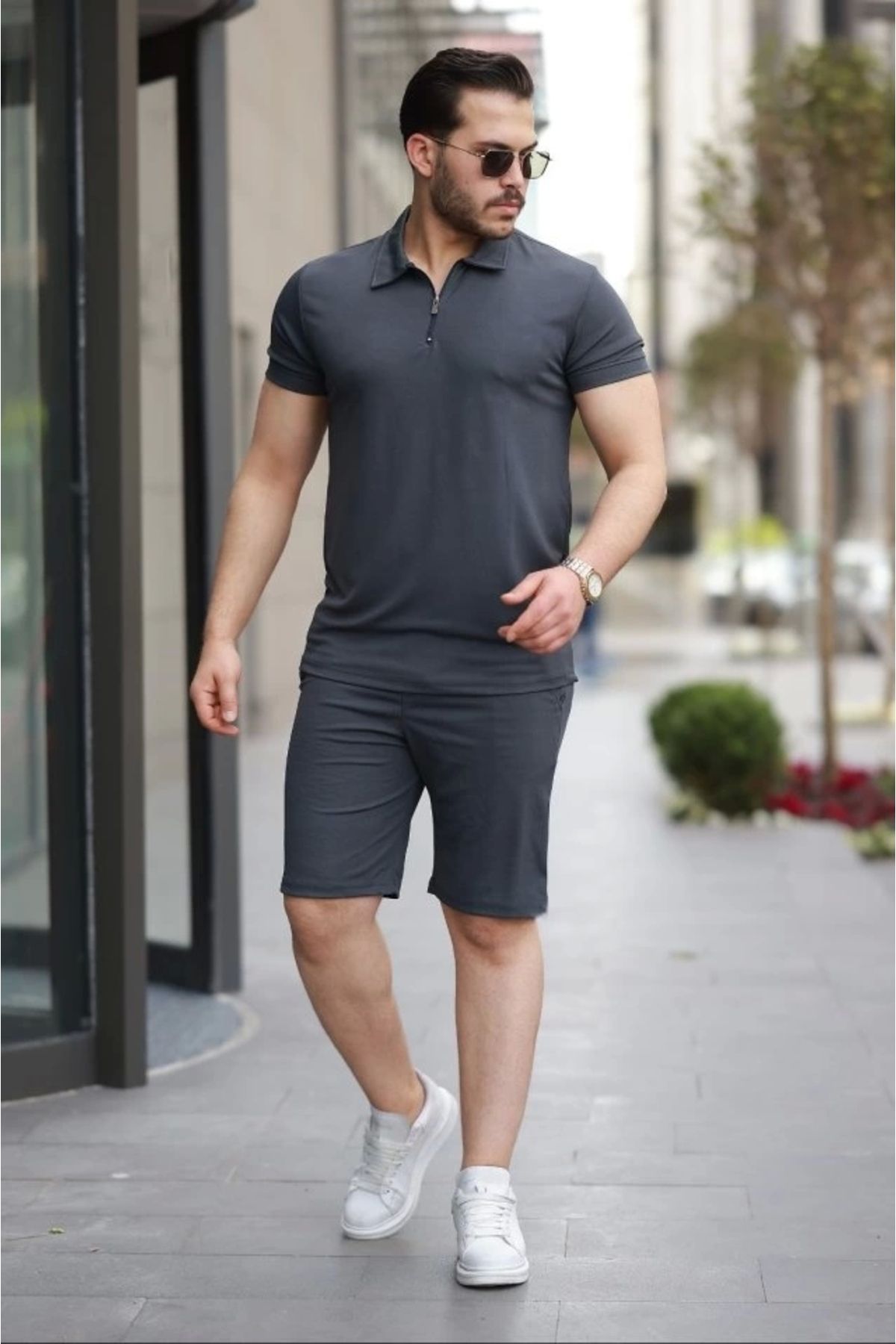 Butik Erkek Yakalı Fermuarlı T-shirt şort Ikili Takım
