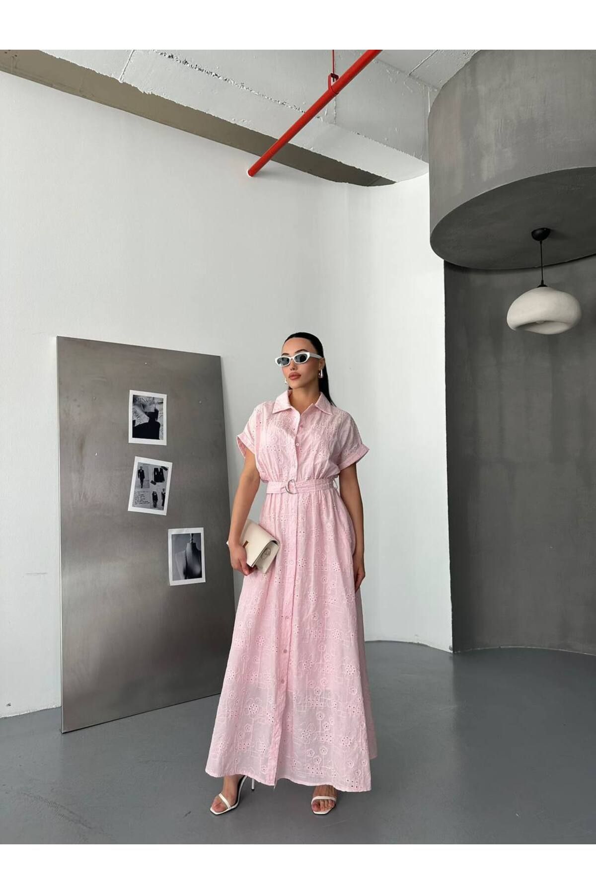Hotfashion Fisto Kısa Kollu Kemerli Gömlek Elbise