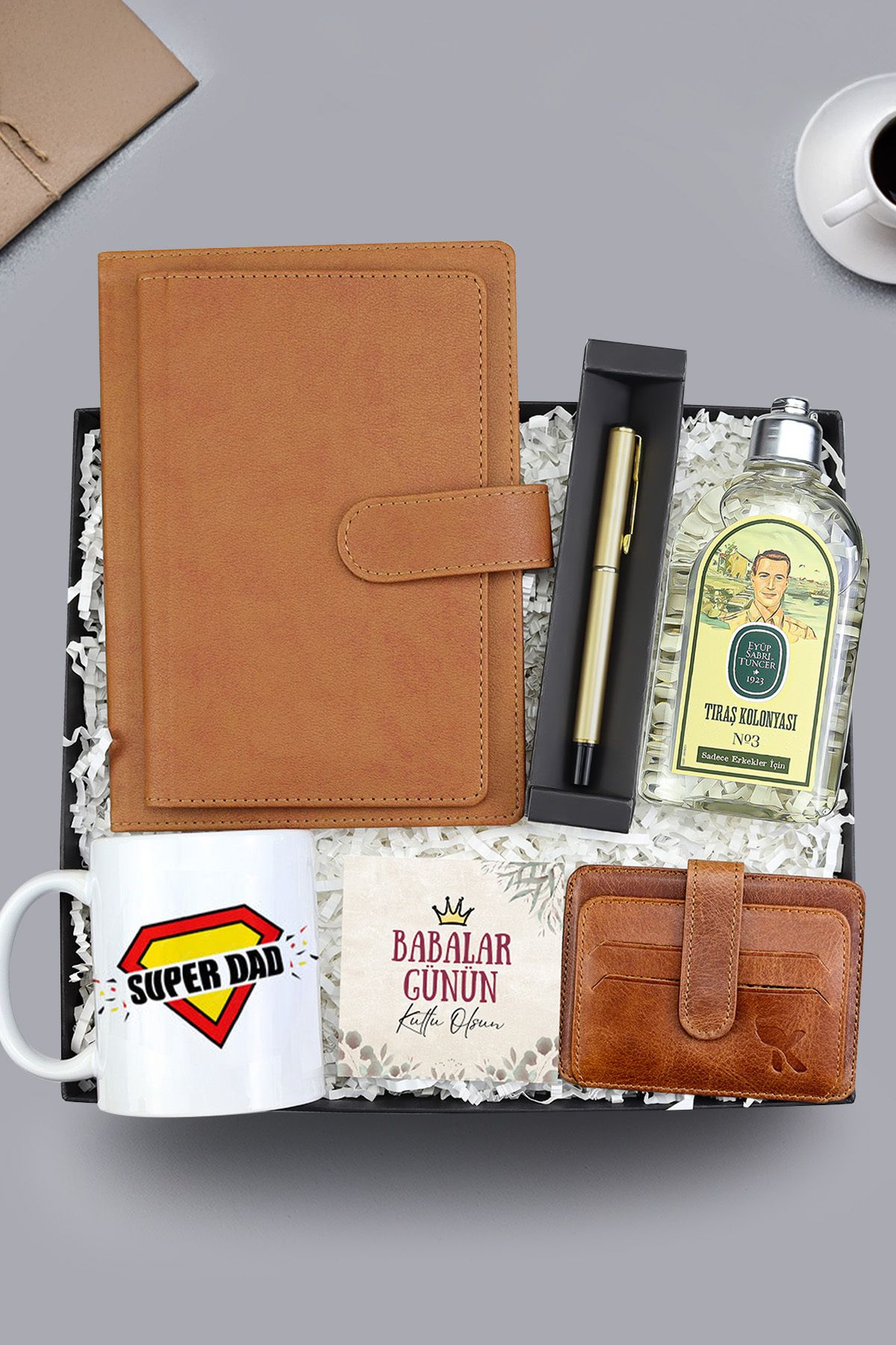 Trendmiya Defter & Gold Kalem & Eyüp Sabri Tuncer Tıraş Kolonyası & Kupa & Hakiki Deri Kartlık Hediye Seti