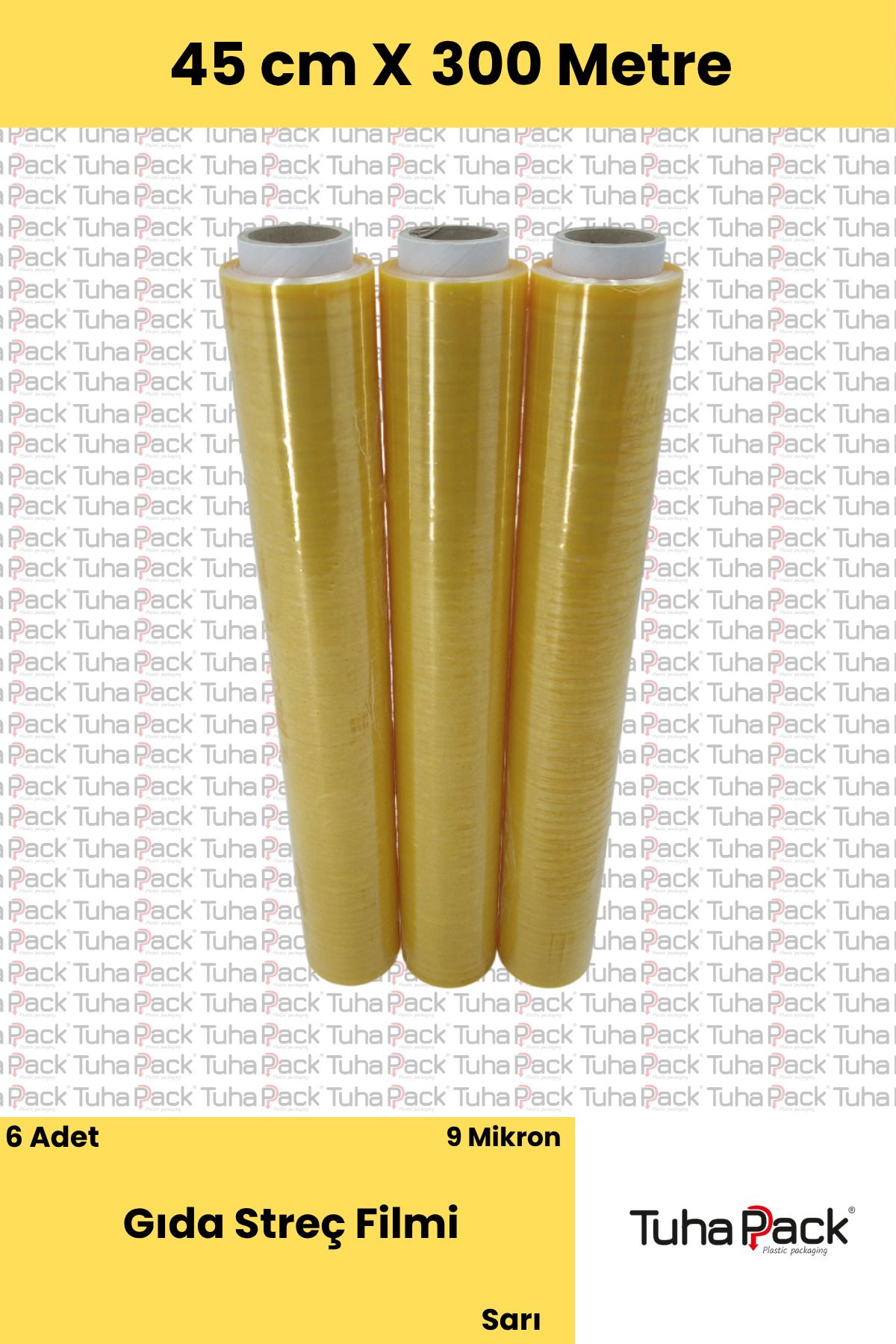 tuhapack plastic packaging Gıda Streç Filmi 45cm x 300m - 9 Mkrn, Sarı, 3 Adet, Gıda Temasına Uygun