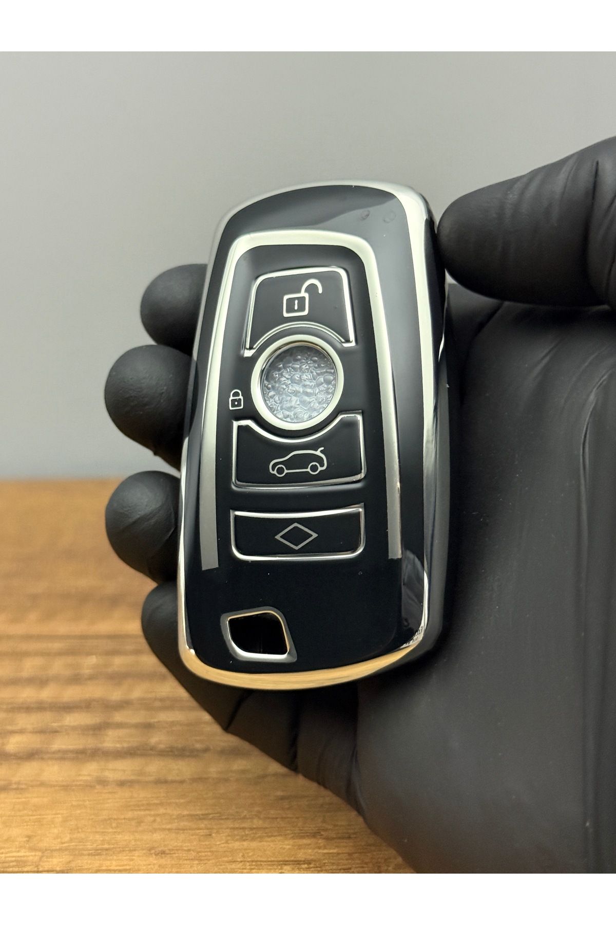 Mavi Keys KOPYA - BMW F30, F32, F10, F20 Smart Uyumlu 4 Düğmeli Silikon Anahtar Koruma Kılıfı Nano Siyah Gümüş