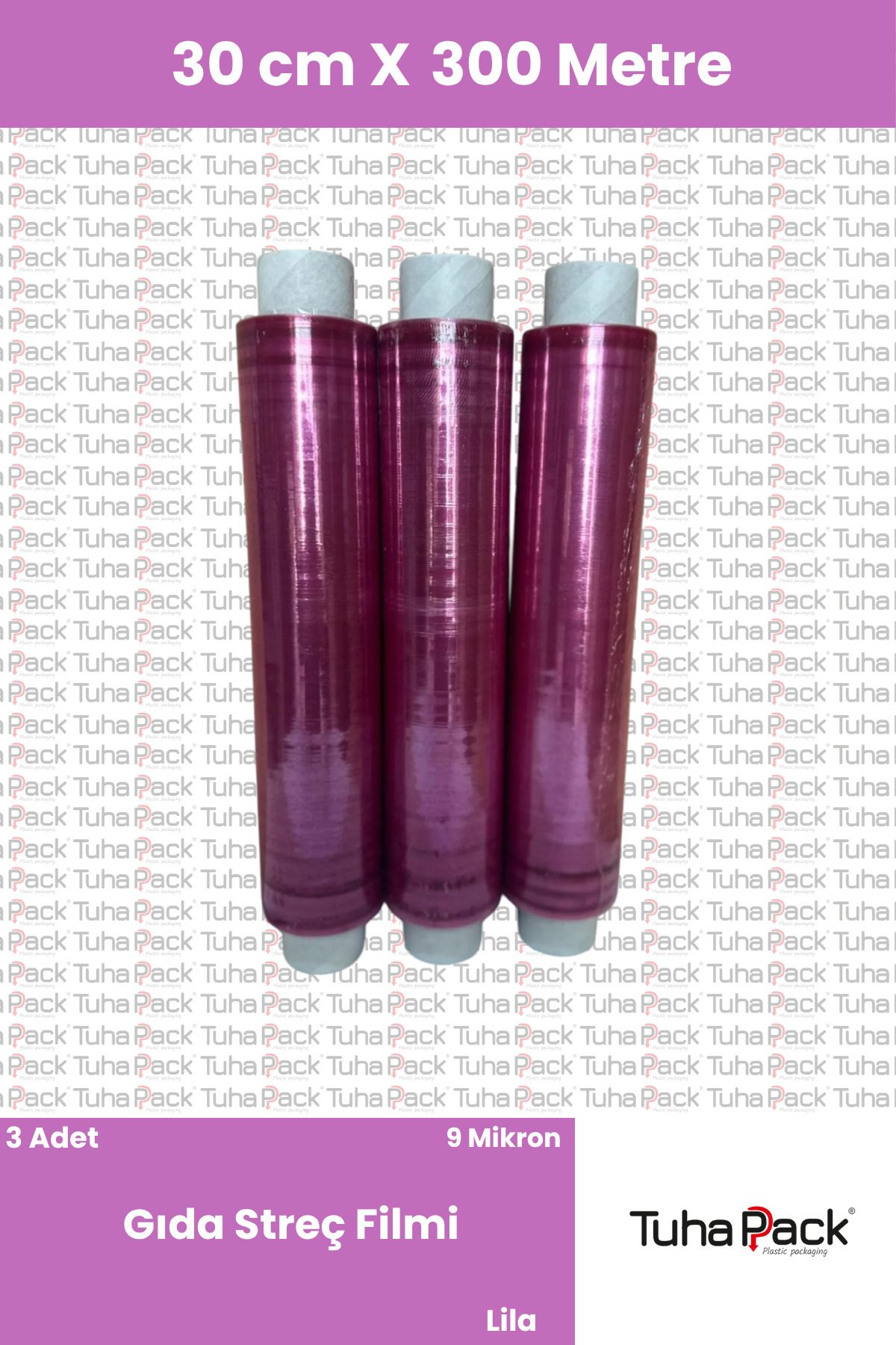 tuhapack plastic packaging Streç Film 30cm X 300m (3 ADET) - Lila, 9 Mikron, Gıda Temasına Uygun