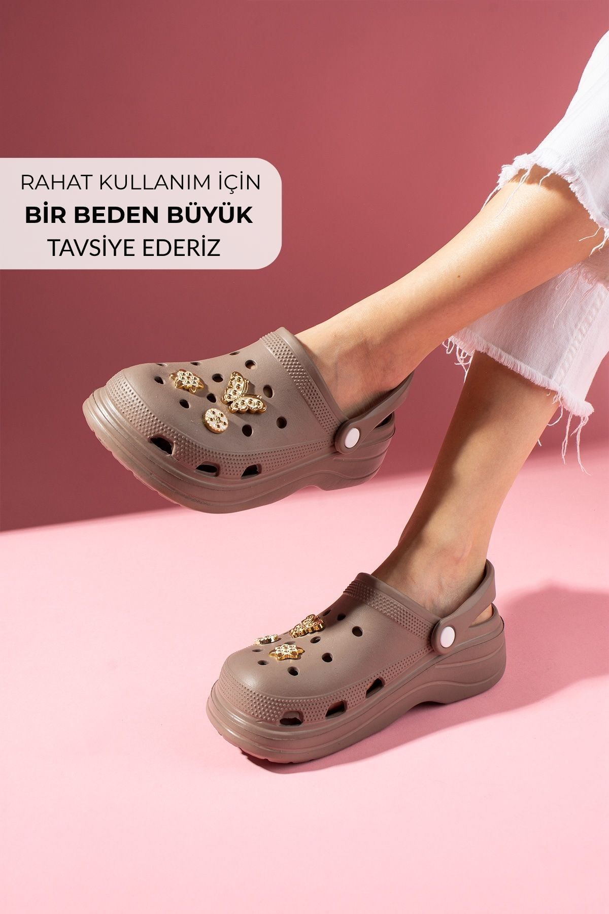 FUGA MODA Suzy Kahverengi Kelebek Yıldız Çiçek Taşlı Aksesuarlı Poliüretan Delikli Önü Kapalı Islak Zemin Erk