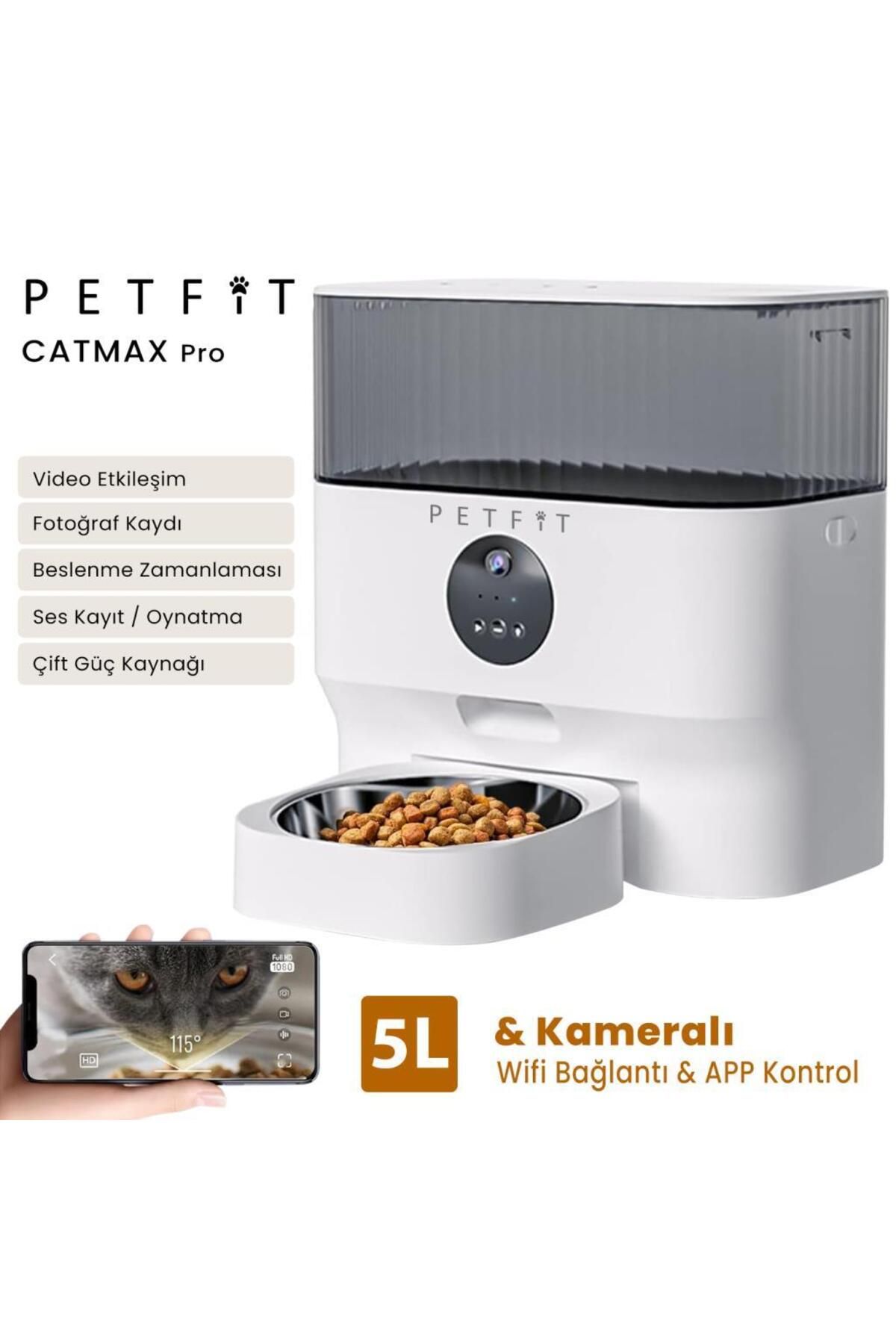 Petfit CatMax Pro 5L Wi-Fi Kameralı Akıllı Otomatik Kedi Köpek Mama Kabı Besleme Ünitesi (Sesli Komu