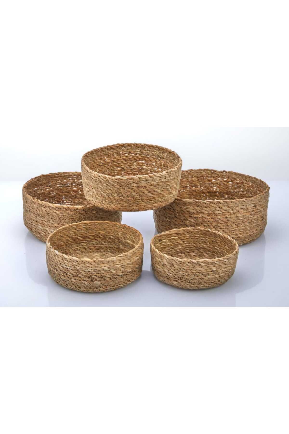 CasaLinda Hasır 5'li Yuvarlak Çok Amaçlı Düzenleyici Sepet 20x20x8 cm 12092