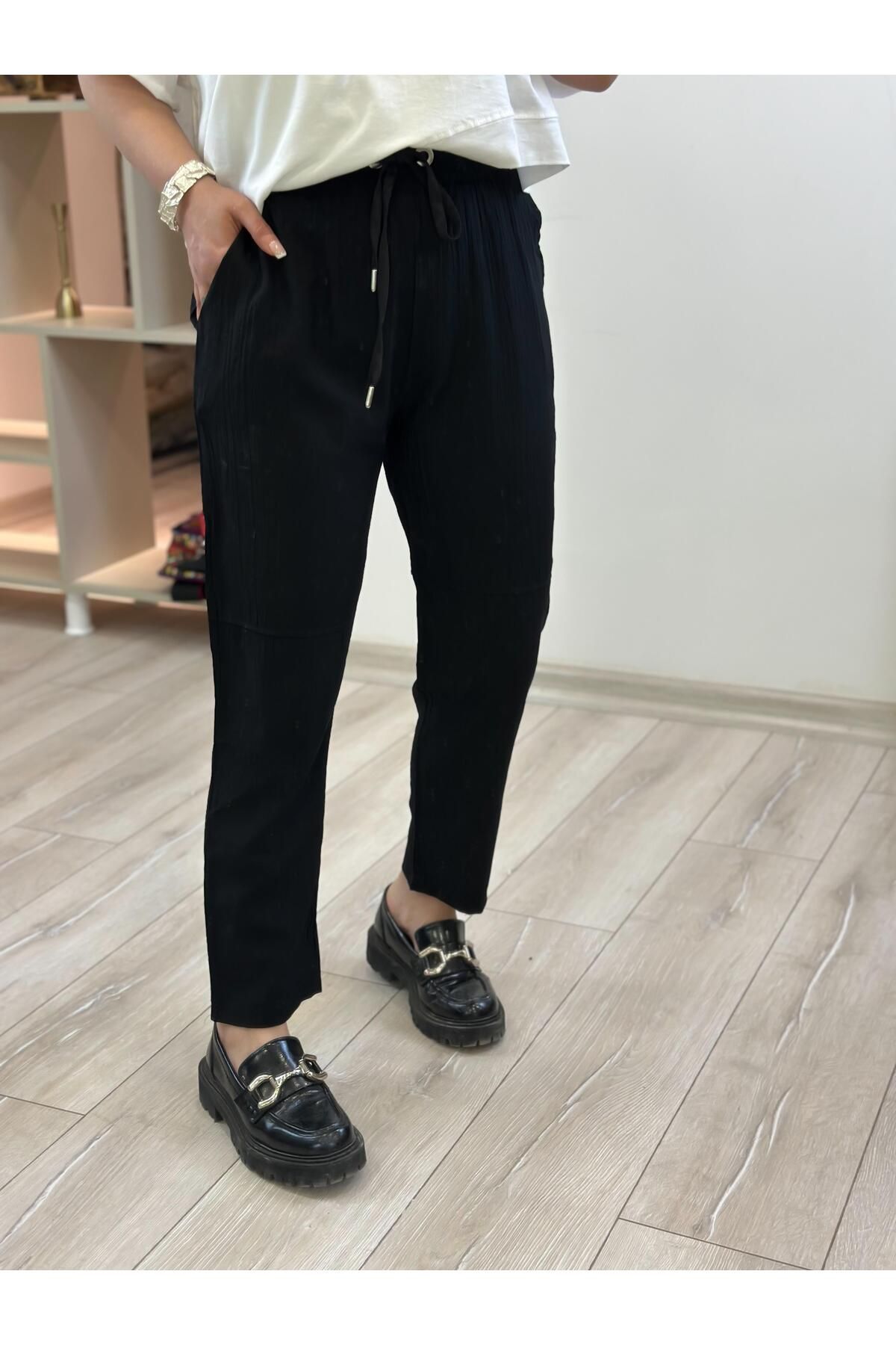 MELTEM TUĞAN Beli Lastikli Keten Pantolon SİYAH