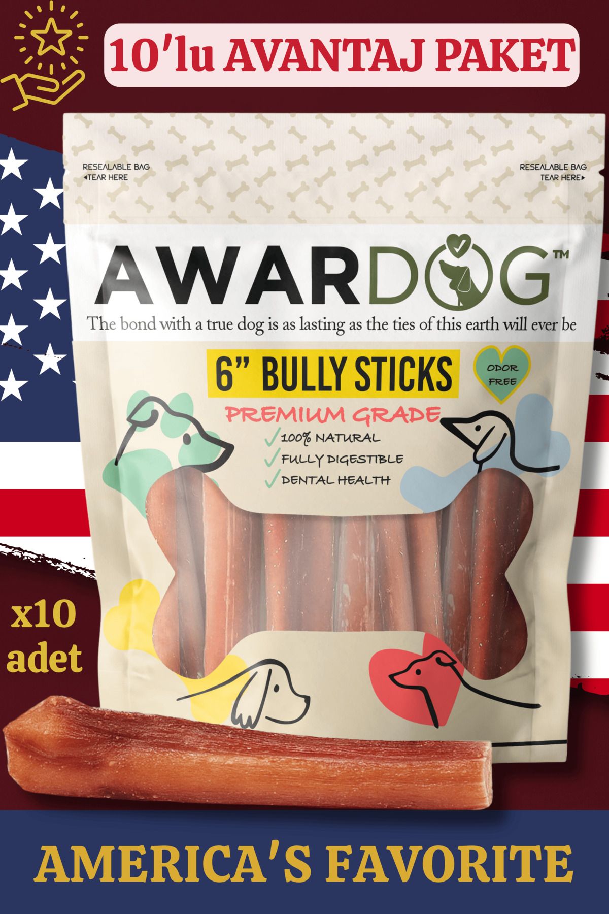 AWARDOG 15 Cm Jumbo Boy %100 Doğal Dana Kamışı Köpek Çiğneme Ödül Maması, AVANTAJ PAKET - 10 Adet