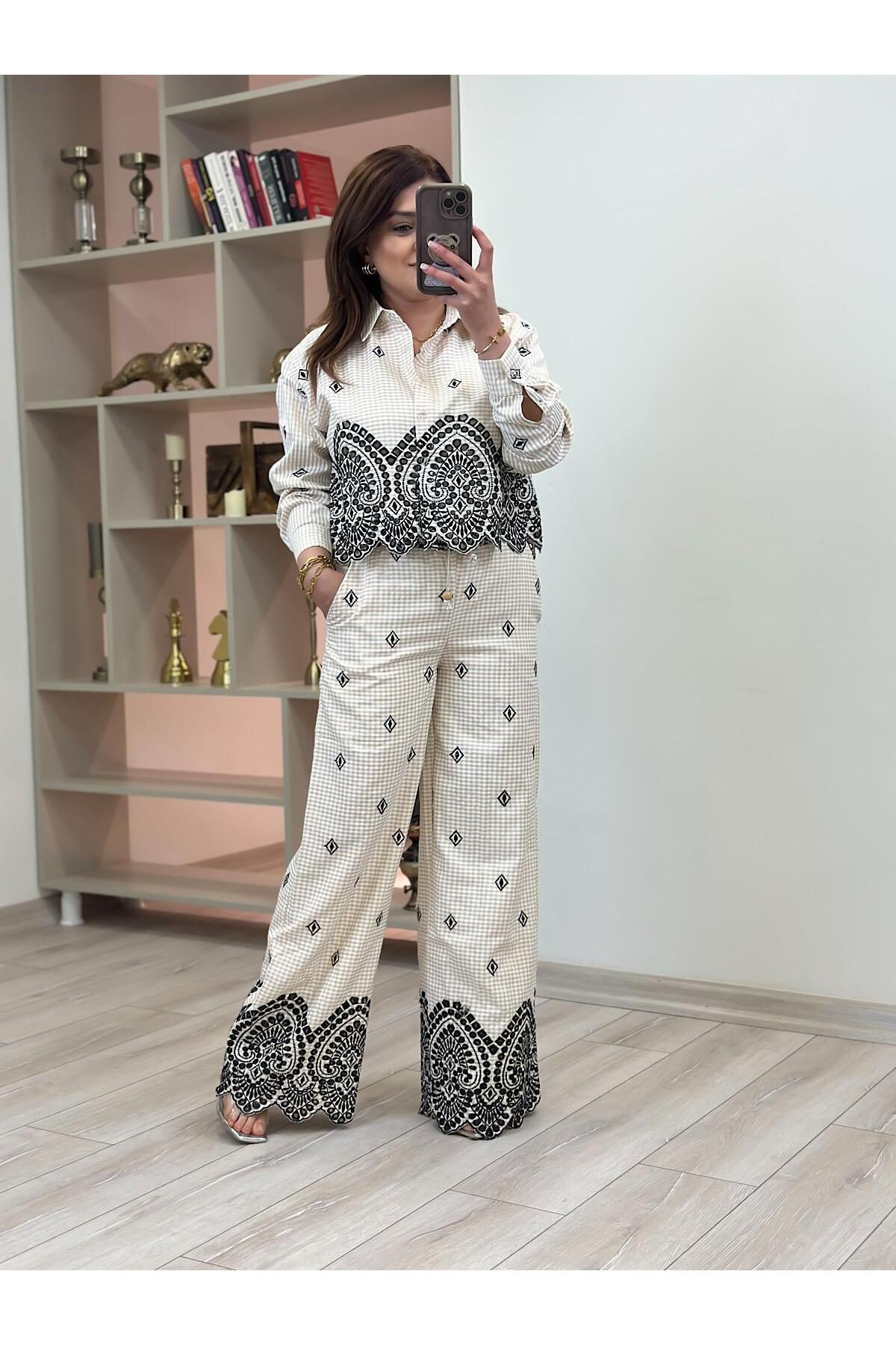 MELTEM TUĞAN Etnik Desen Nakışlı Pantolon TAŞ