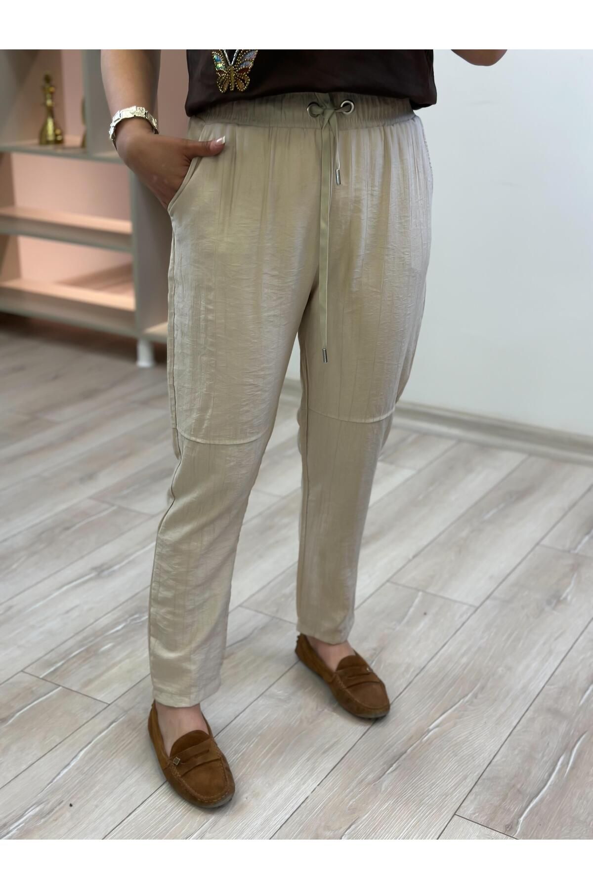 MELTEM TUĞAN Beli Lastikli Keten Pantolon TAŞ