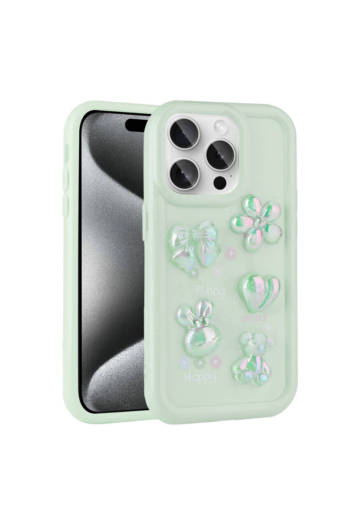 Strap U Apple iPhone 15 Pro Kılıf Kalp&Çiçek&Fiyonk&Ayıcık Kabartma Figürlü Parlak Toys Silikon Kapak