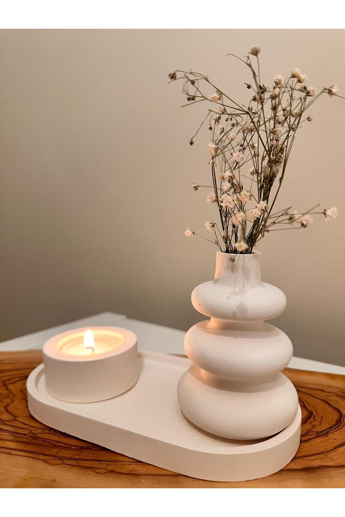 SerenityHaven 3 lü Minimal Dekor Seti Vazo, Tabak & Mumluk
