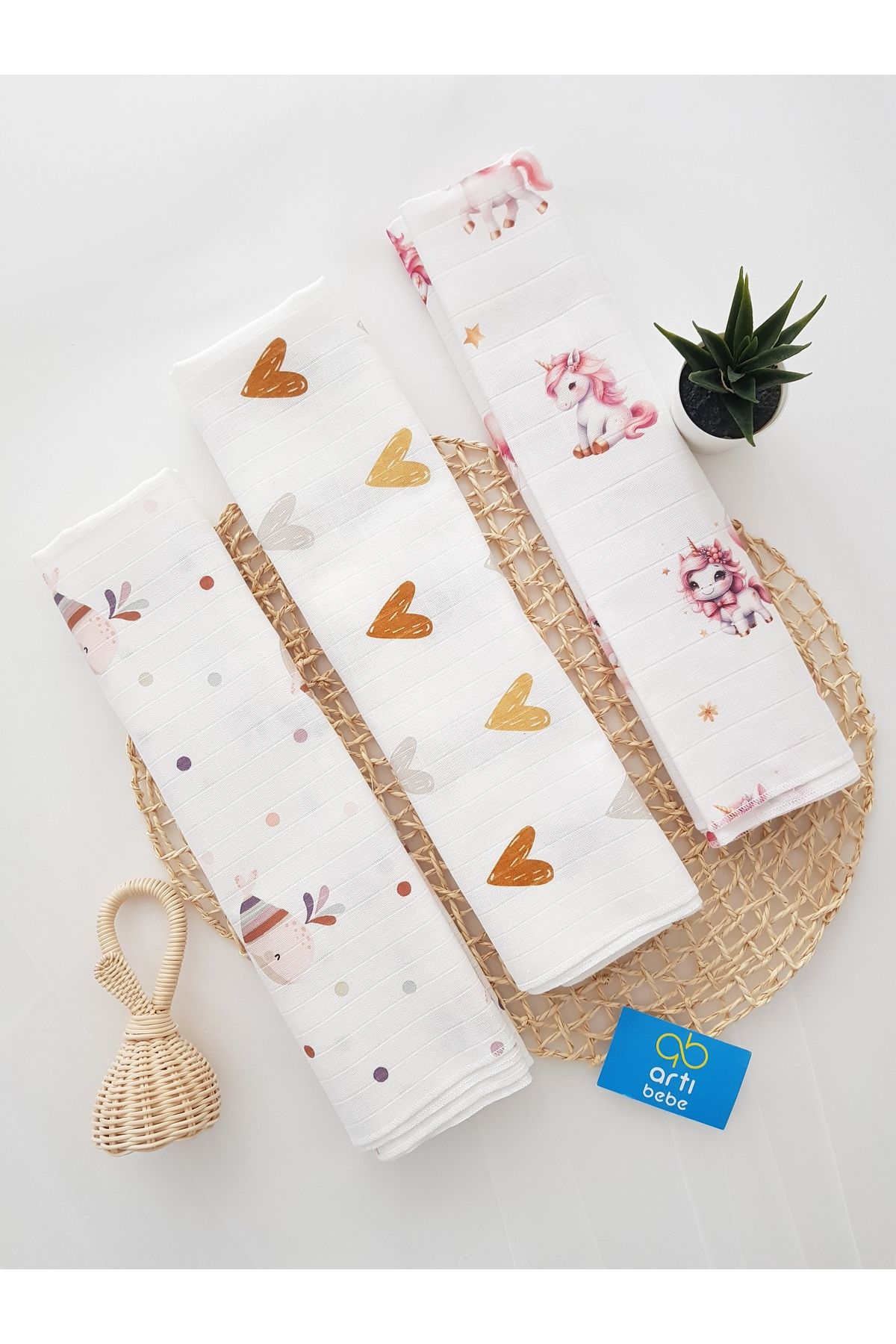artıbebe 3’lü Müslin Örtü Seti | %100 Pamuk Müslin Bez | Bebek Kundak, Omuz Bezi, Emzirme Örtüsü | Artı Bebe