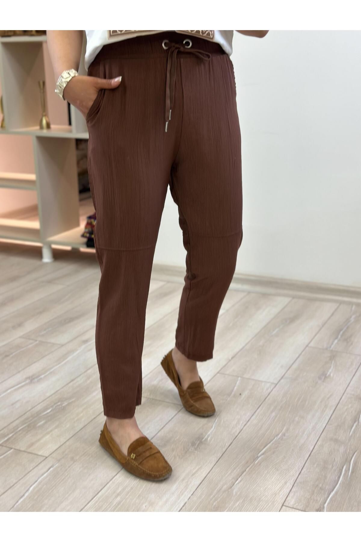 MELTEM TUĞAN Beli Lastikli Keten Pantolon KAHVE