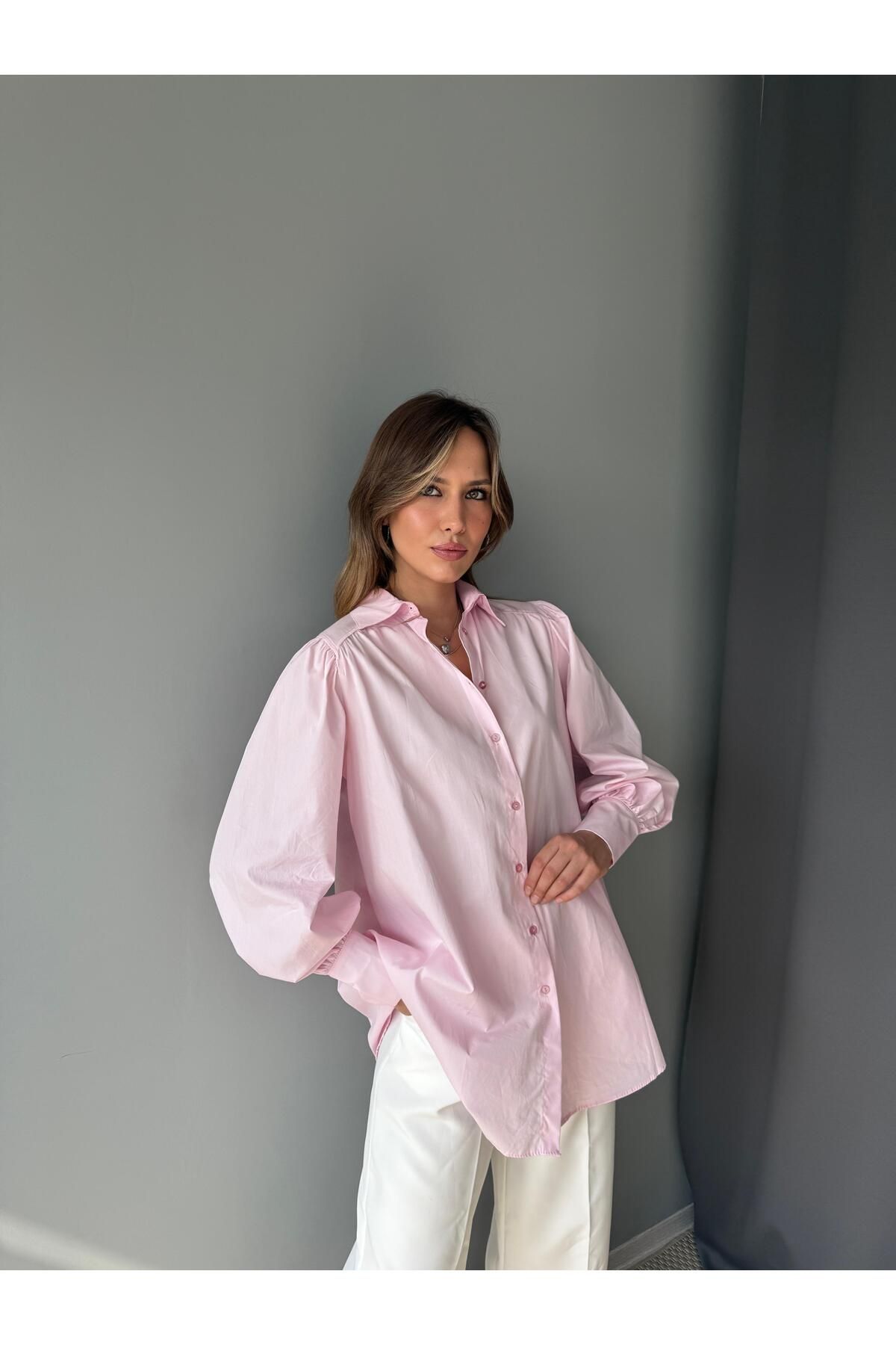 AlisaSu Kadın Pembe Oversize %100 Pamuklu Uzun Basic Gömlek