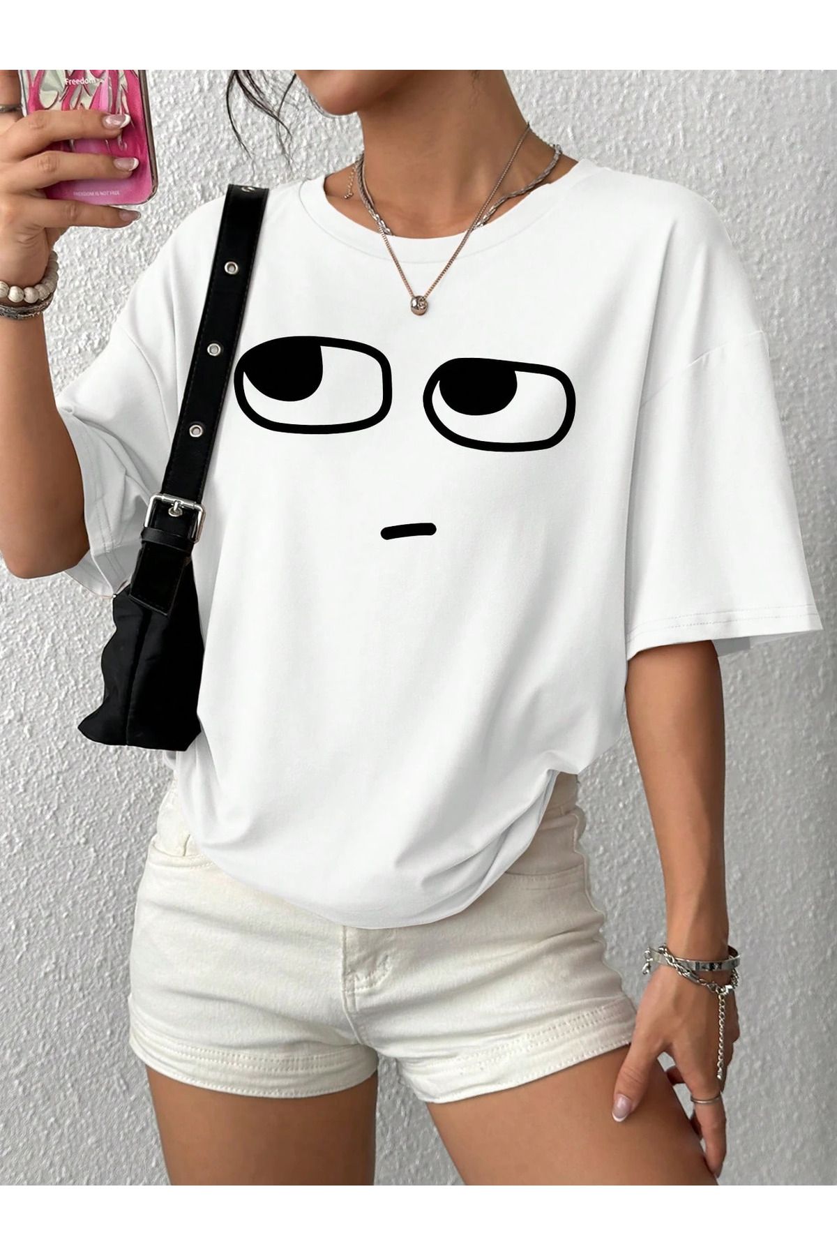 ELNOYA Unisex Pamuklu Beyaz Oversize "Yüz" Baskılı Bisiklet Yaka Rahat Günlük T-shirt