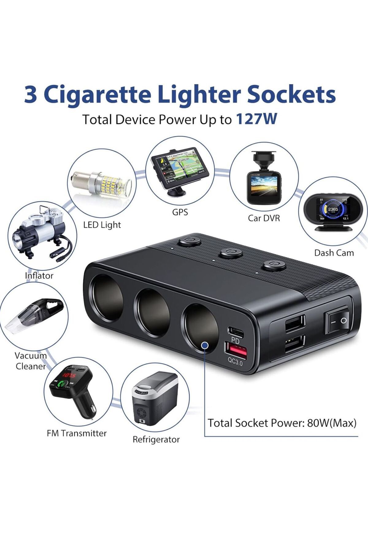 AUTOREY-7 in 1 Car Socket Adapter with LED Display 3 x USB Q.C 3.0 and USB-C port 127W 6