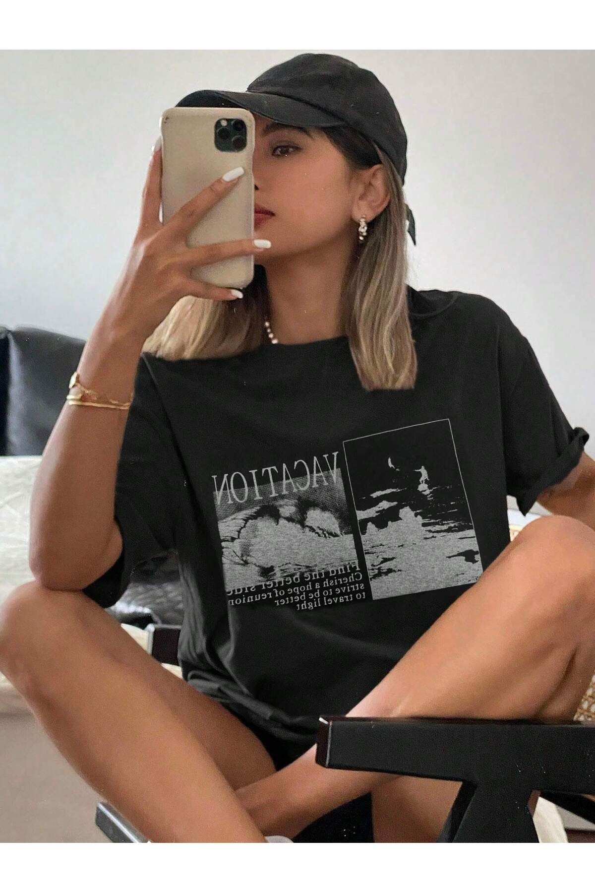 ELNOYA Unisex Siyah Oversize Tişört "Vacation" Baskılı Bisiklet Yaka Rahat Günlük T-shirt