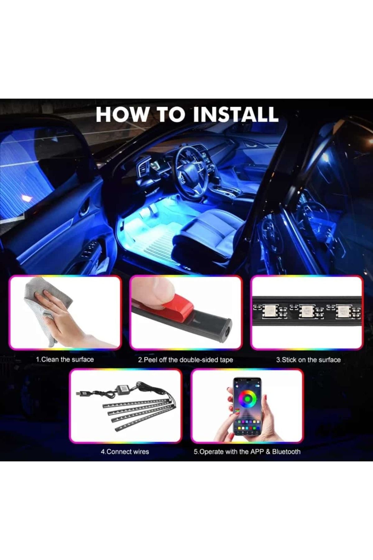 AUTOREY-Kit de lumini ambientale auto pentru interior cu 18 LED-uri RGB, conexiune USB, control prin aplicație, intensitate reglabilă 5