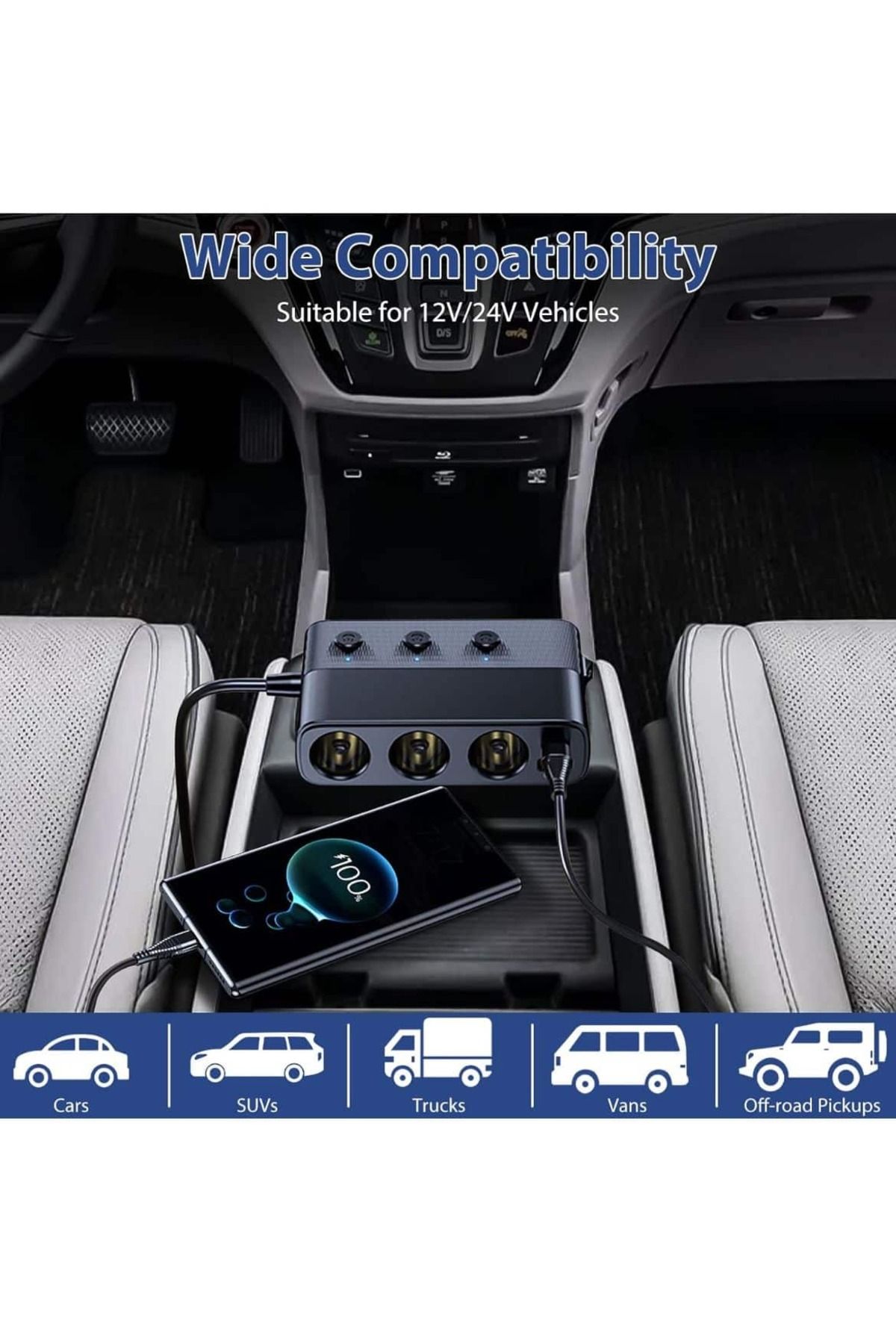 AUTOREY-7 in 1 Car Socket Adapter with LED Display 3 x USB Q.C 3.0 and USB-C port 127W 5
