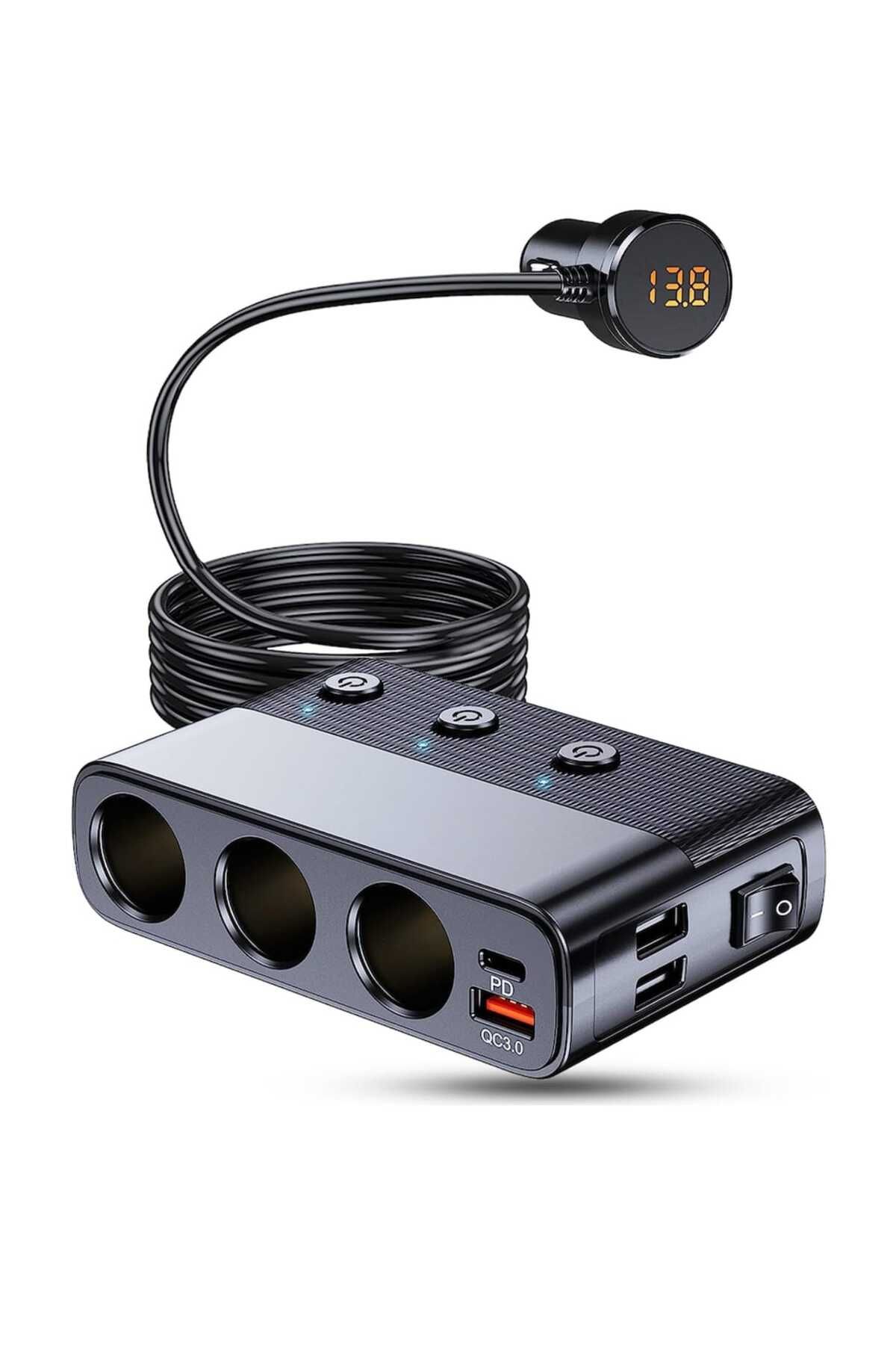 AUTOREY-7 in 1 Car Socket Adapter with LED Display 3 x USB Q.C 3.0 and USB-C port 127W 1