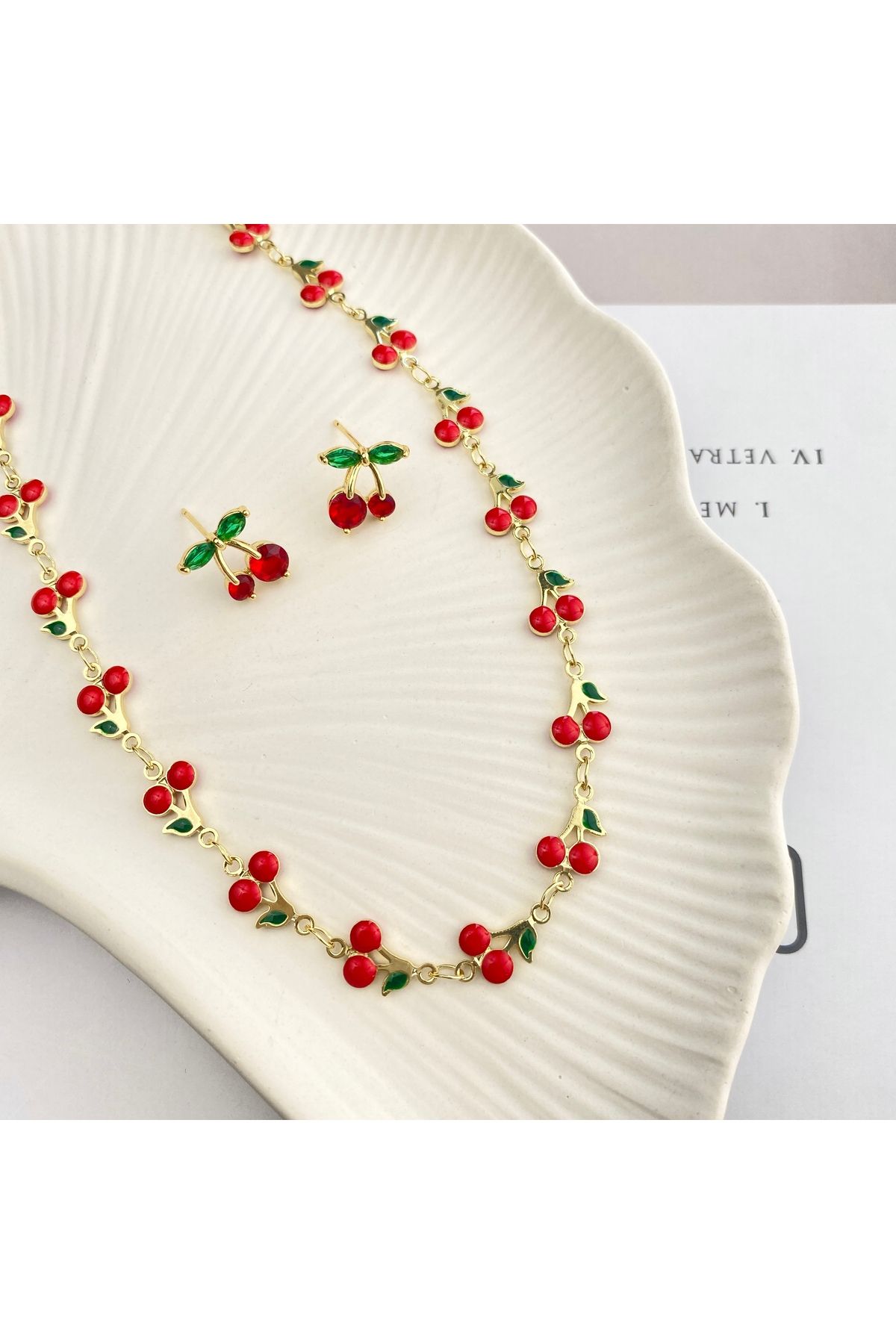 Kyver Kiraz Kolye Küpe Set Yaz Takıları Kararmaz Çelik Gold 45cm