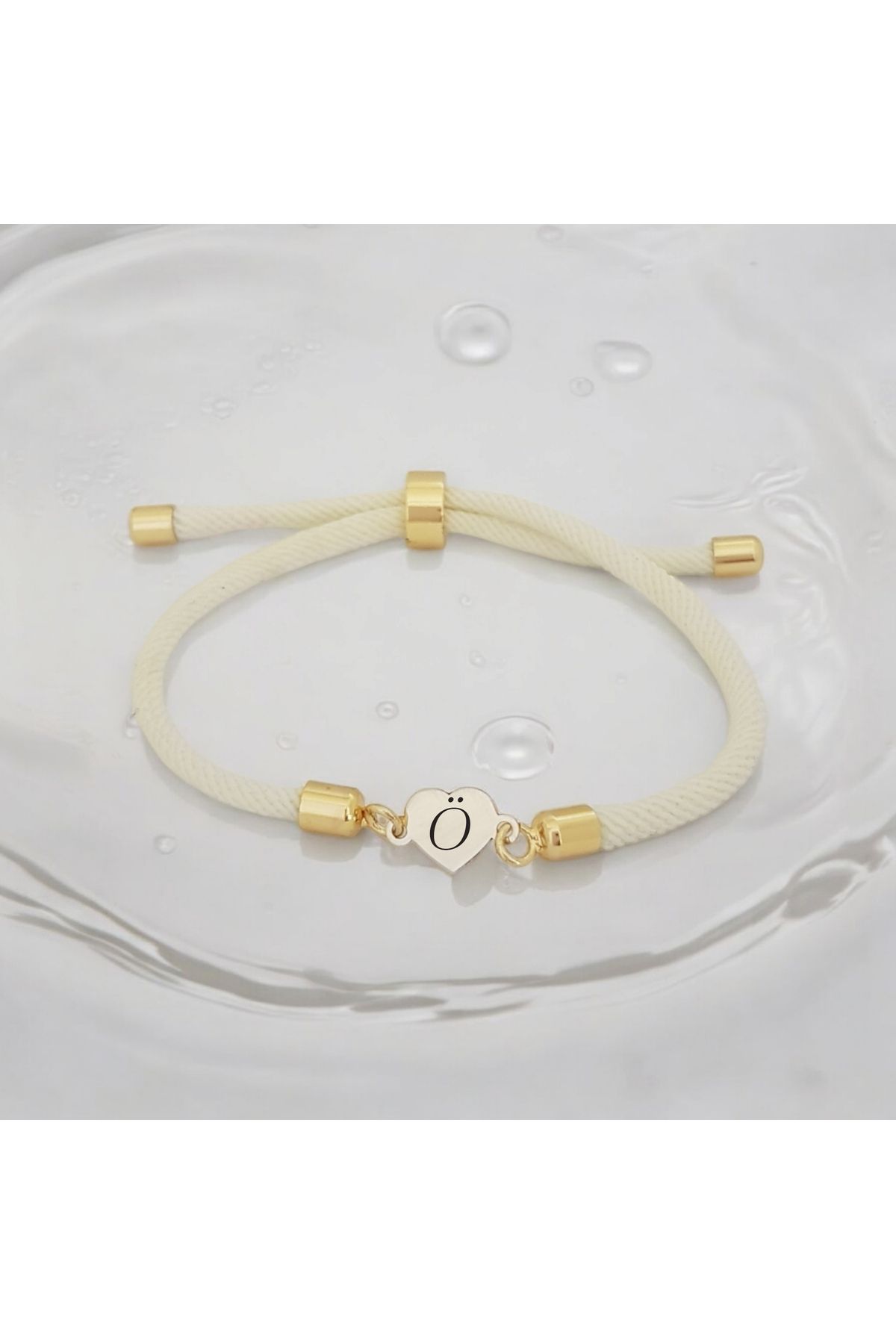 ARCHINO GOLD Ö Harfine Özel 14 Ayar Altın Plakalı Kalp Motifli İpek Örgülü Hediye Bileklik-478harf-beyaz