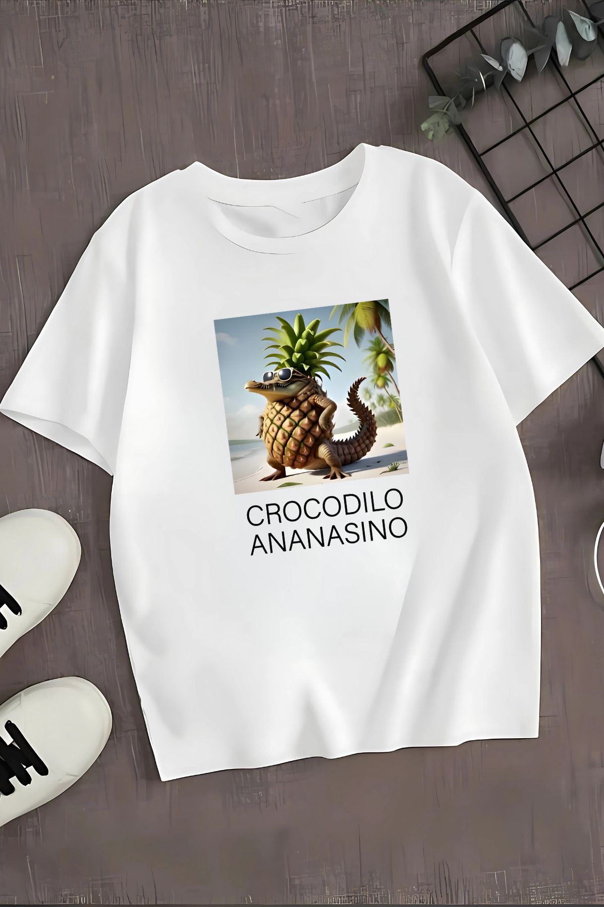 MECH BUTİK Crococilo Ananasino Baskılı Siyah-Beyaz Kadın-Erkek Tişört T-Shirt