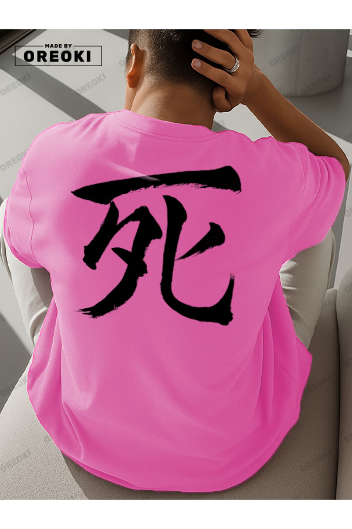 EFFRENATU Son Nefes Baskılı Pamuklu Kumaş Unisex Pembe T-shirt-Siyah Şort Takım