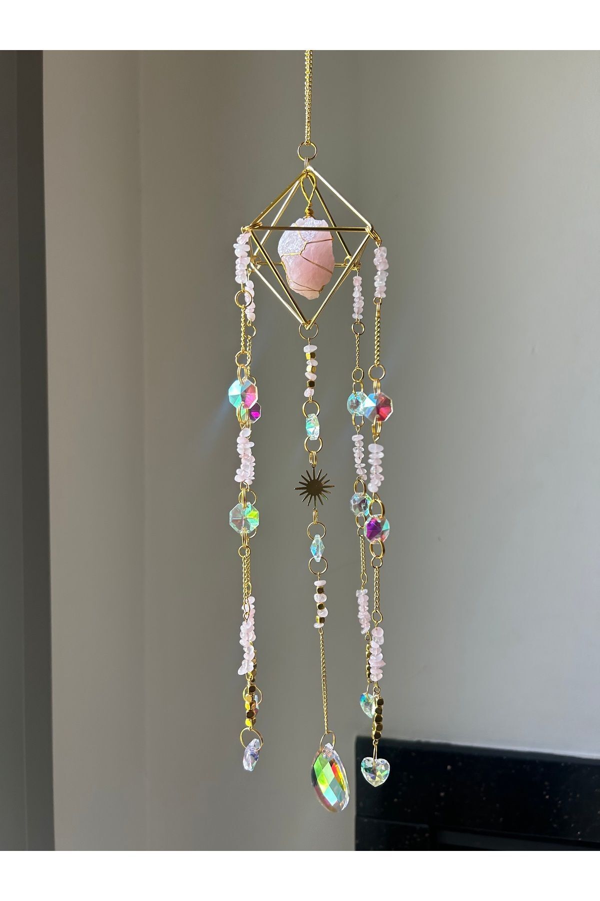 SerenityHaven Pembe Kuvars Sun Catcher 5 - Güneş Tutucu, Güneş Yakalayıcı, Doğal Taşlı, El Yapımı
