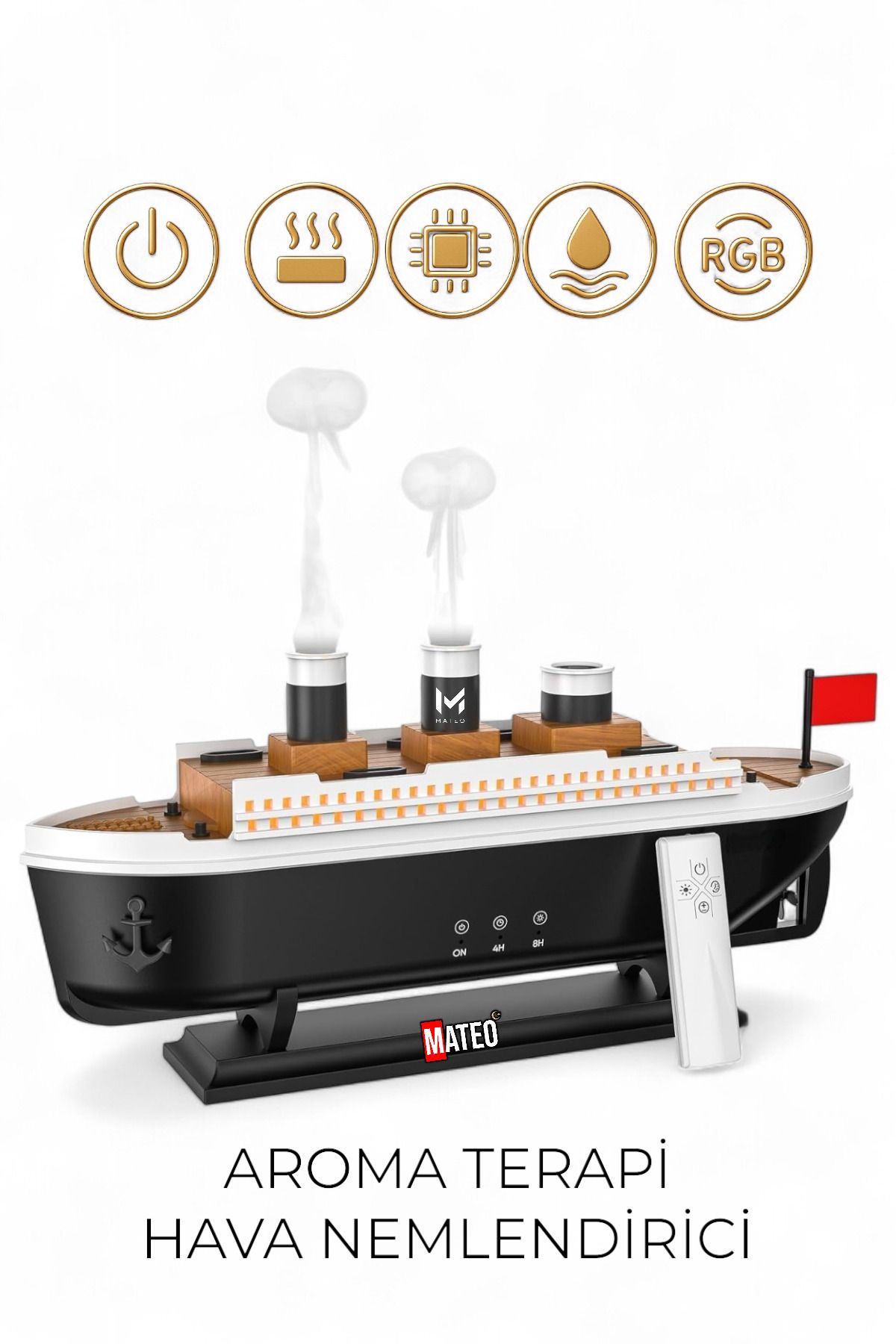 CARLOTA Titanic Buharlı RGB Işıklı Gemi Tipi Aromaterapi Hava Nemlendirici 2 Modlu Sessiz Çalışma
