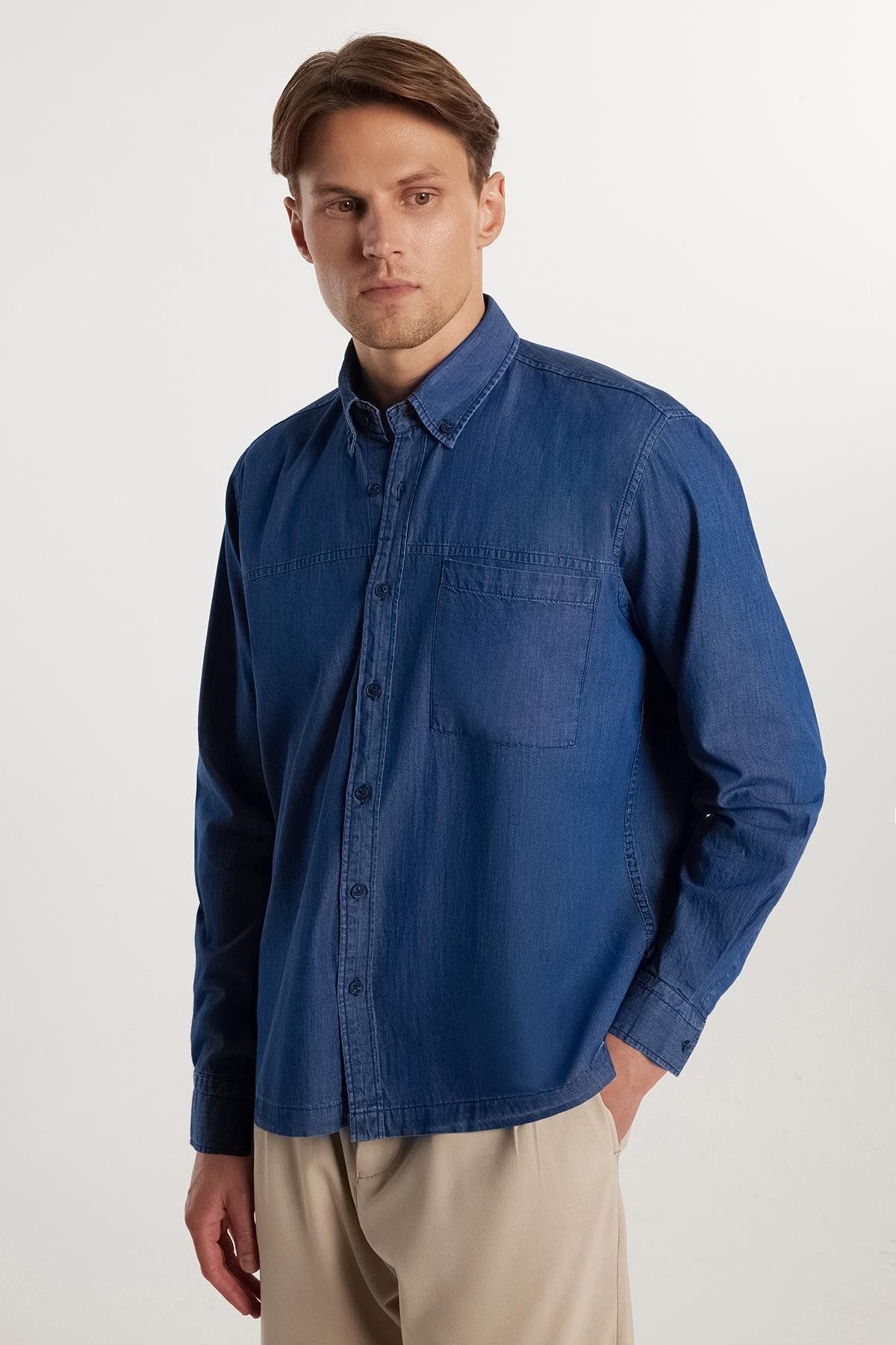 Tudors Regular Fit Rahat Kesim Cepli Denim Düğmeli Yaka Mavi Kot Gömlek